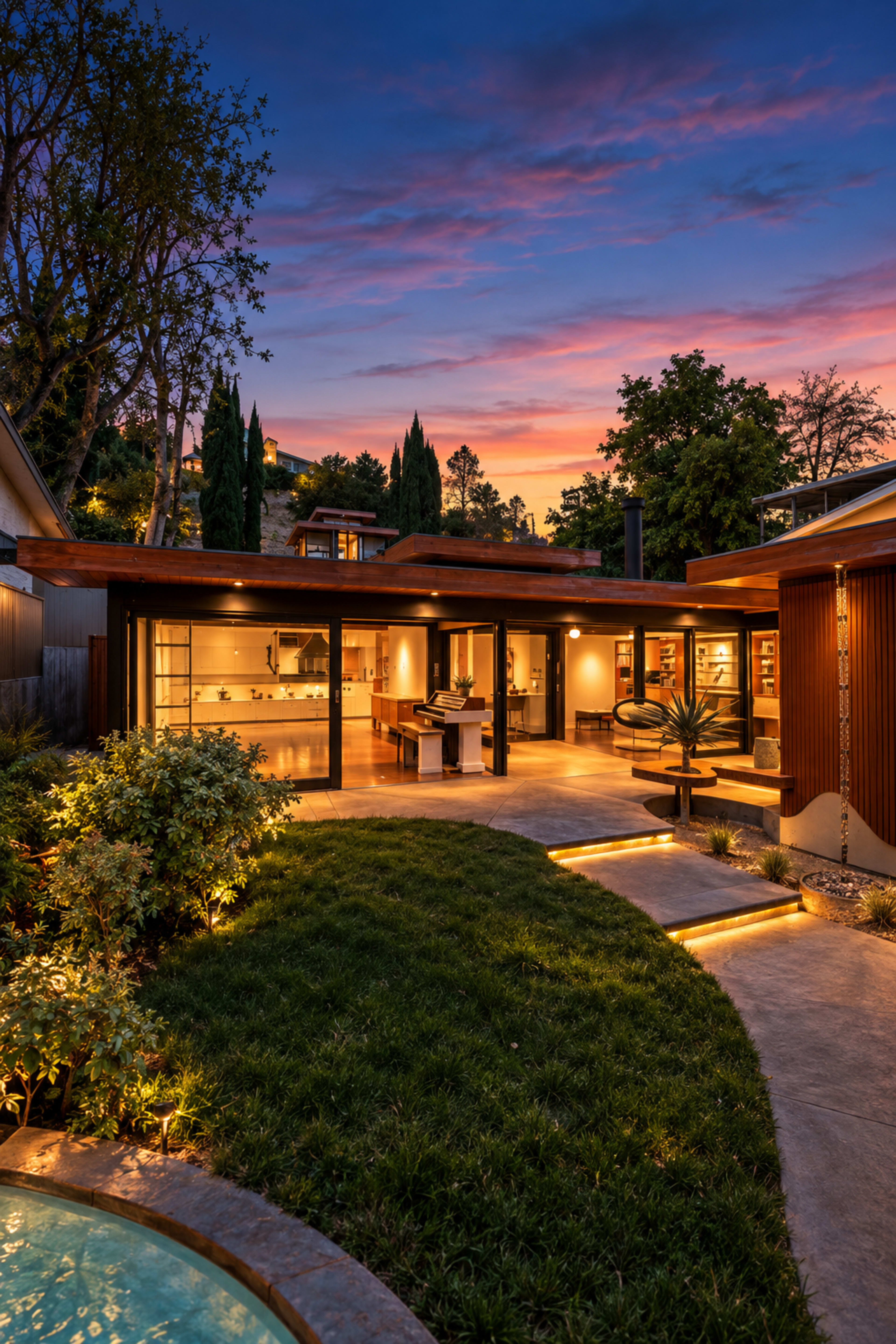 A modern home with large glass windows and a landscaped yard is illuminated by outdoor lighting against a colorful sunset sky.