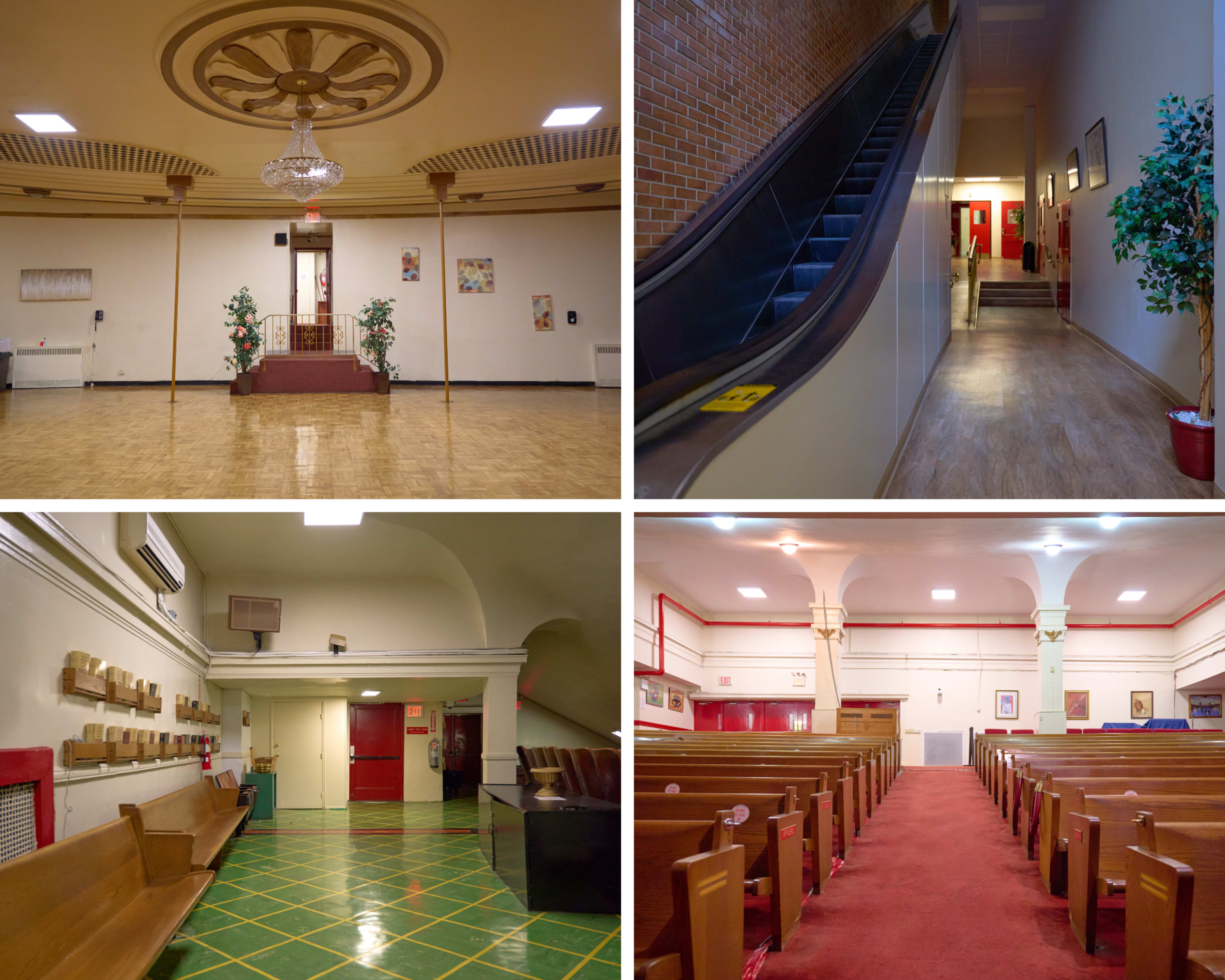 The image shows four different views of an indoor space featuring a large empty hall with wooden flooring, a staircase, a corridor, and a seating area with wooden benches.