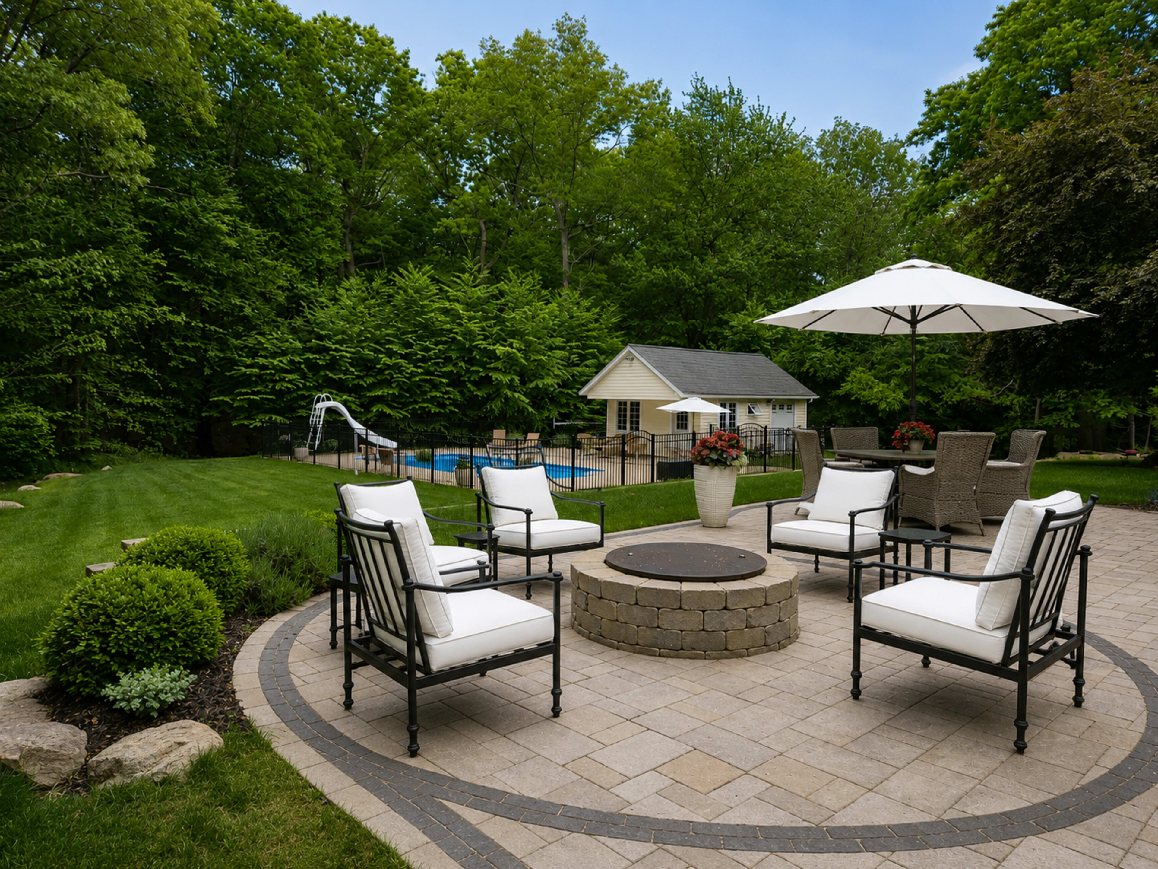The image shows a landscaped backyard featuring a circular stone seating area with chairs, a fire pit, and a view of a swimming pool and a small house in the background.