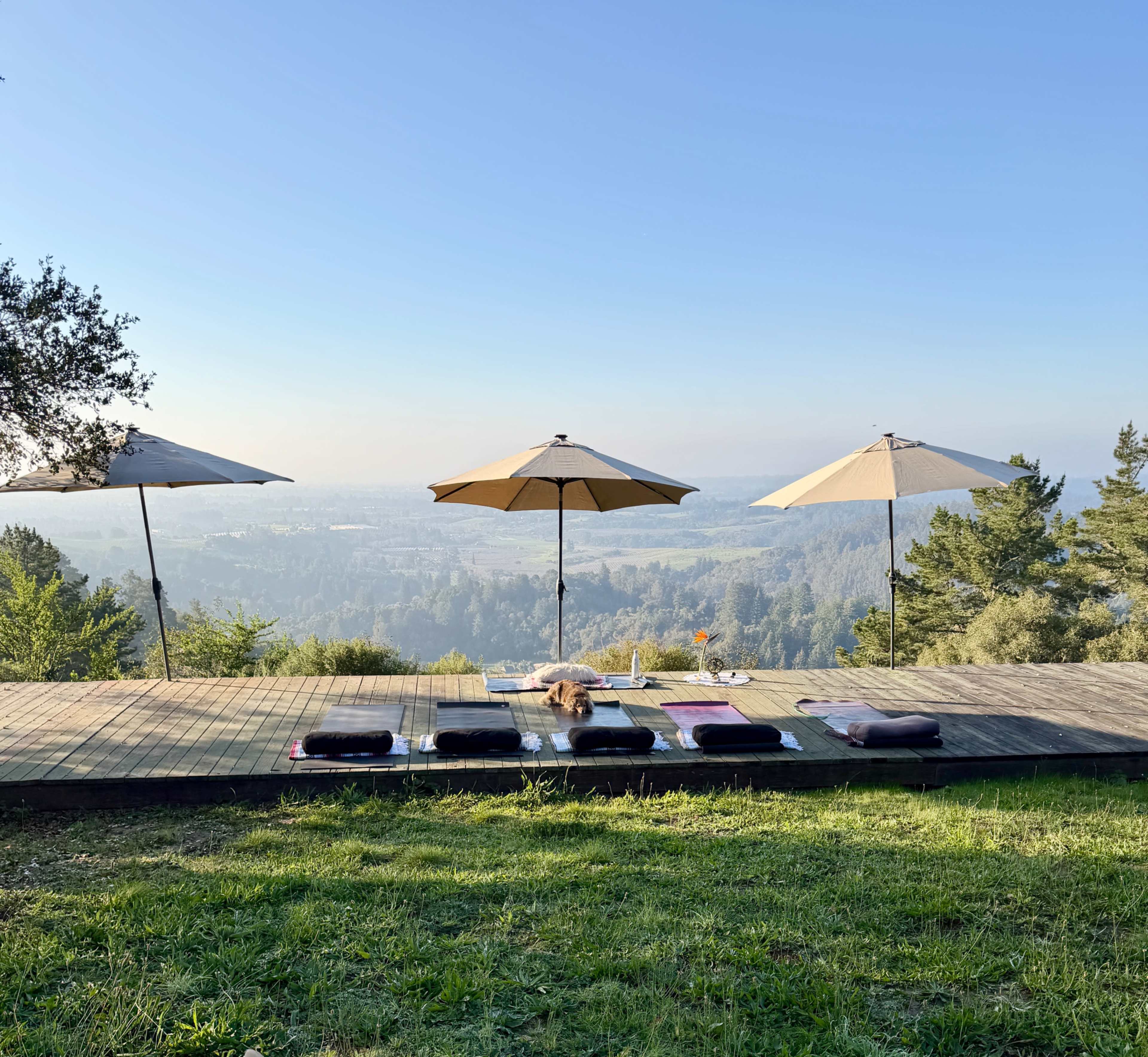 A wooden deck overlooks a misty valley, with three umbrellas providing shade for several yoga mats laid out in a row.