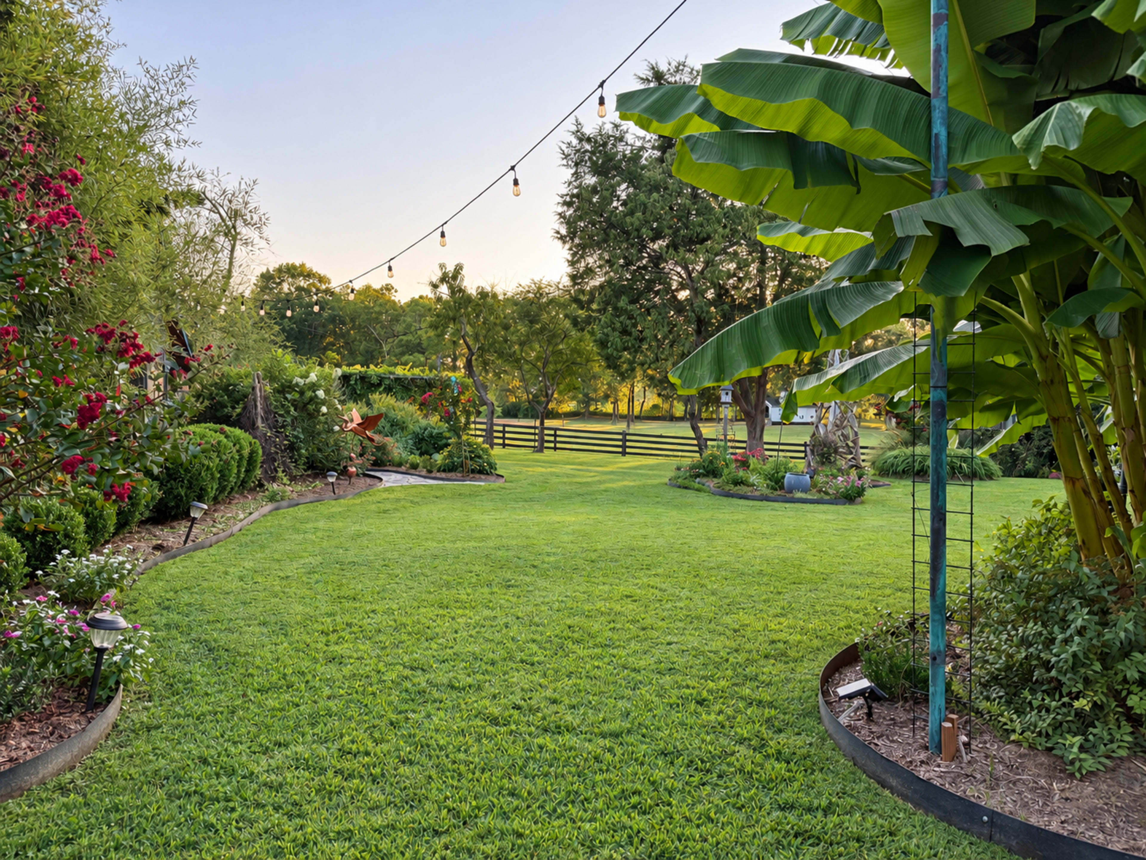 The image shows a well-maintained lawn bordered by flower beds and large banana plants, with string lights hanging overhead and a wooden fence in the background.