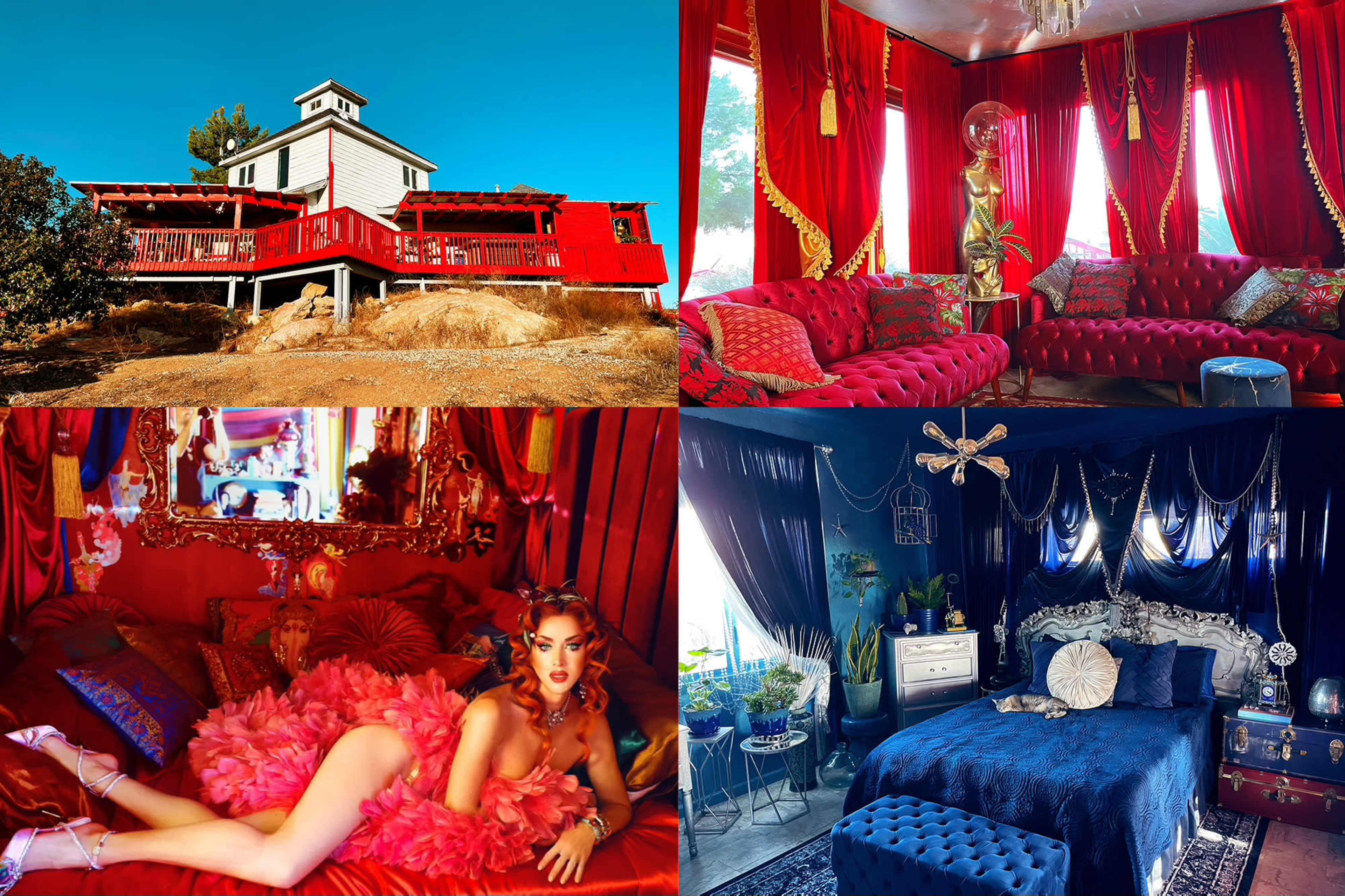 Four distinct scenes: a red, two-story house on a hillside, a luxury living room with red curtains and plush furniture, a glamorous bedroom with dark blue tones, and a model in a bold outfit lounging in a richly decorated setting.