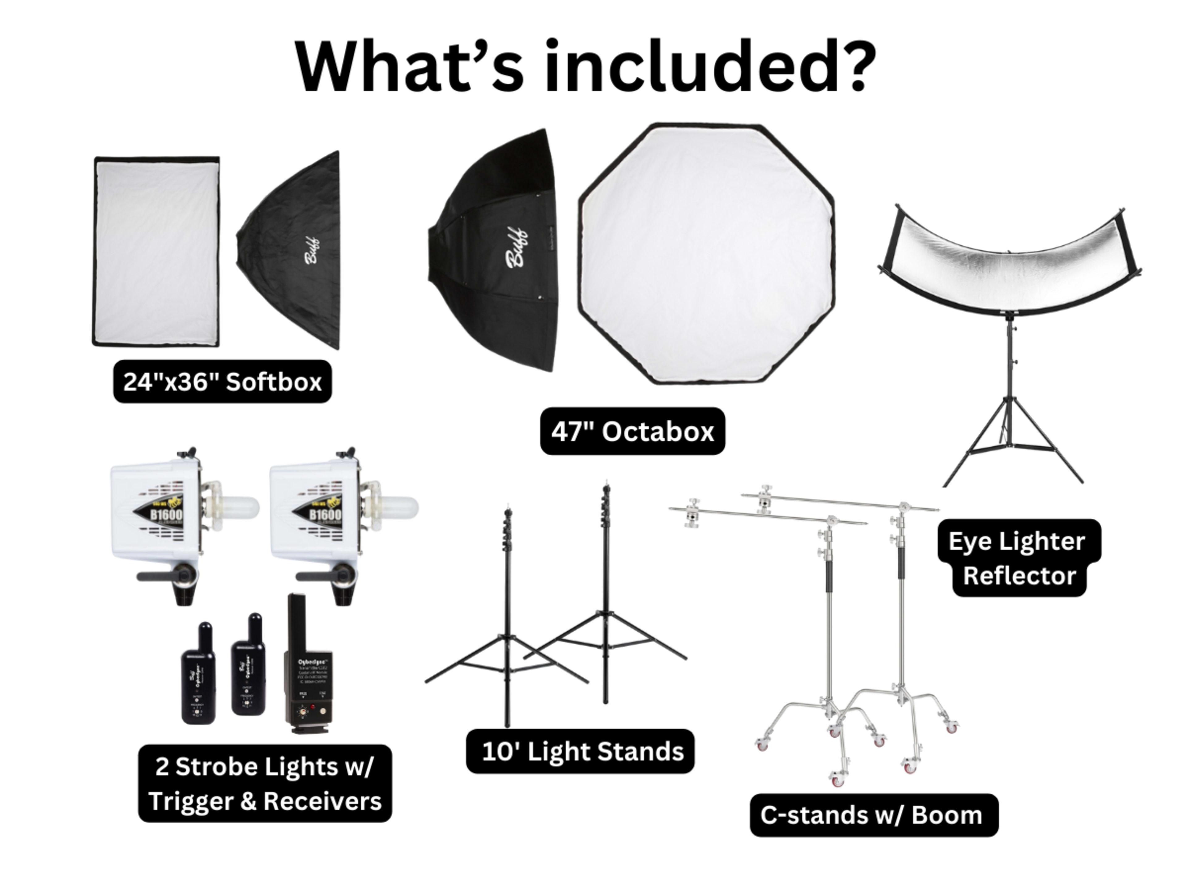 A selection of photography equipment including softboxes, octabox, strobe lights with triggers and receivers, light stands, a reflector, and C-stands with a boom.