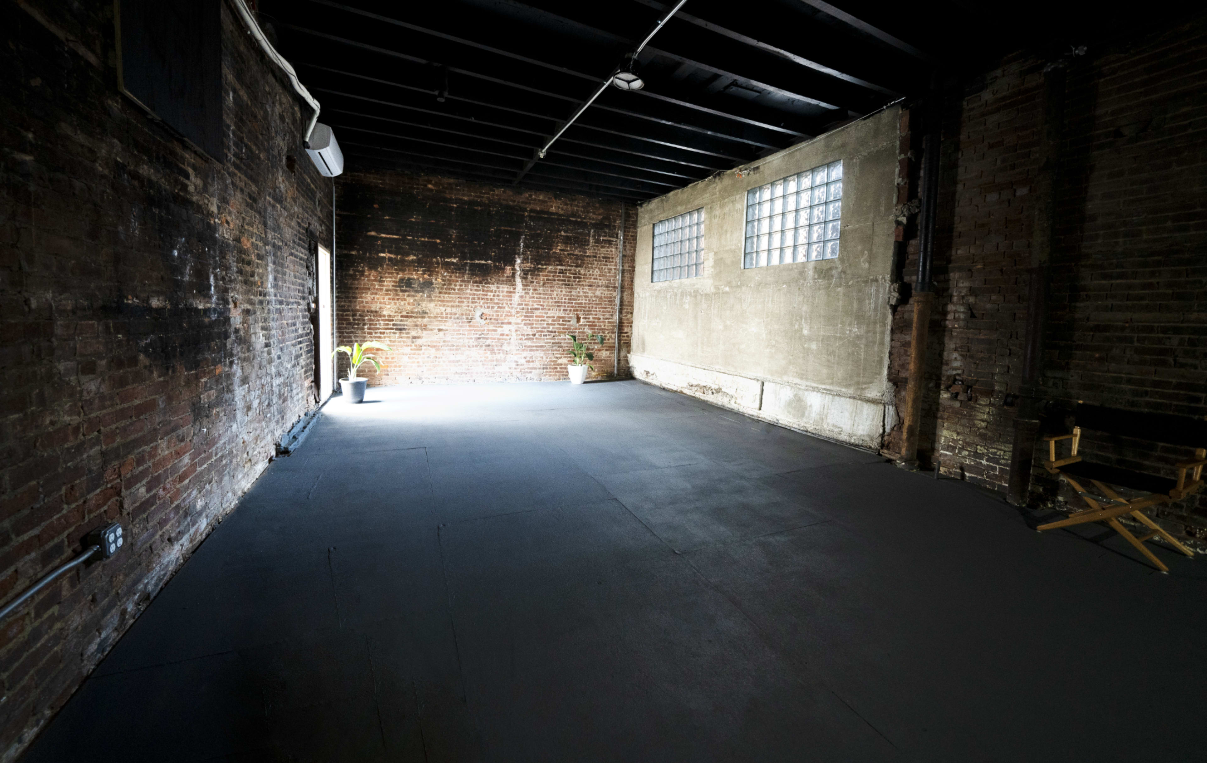 An empty industrial room with exposed brick walls and a concrete floor, featuring a single potted plant in one corner.
