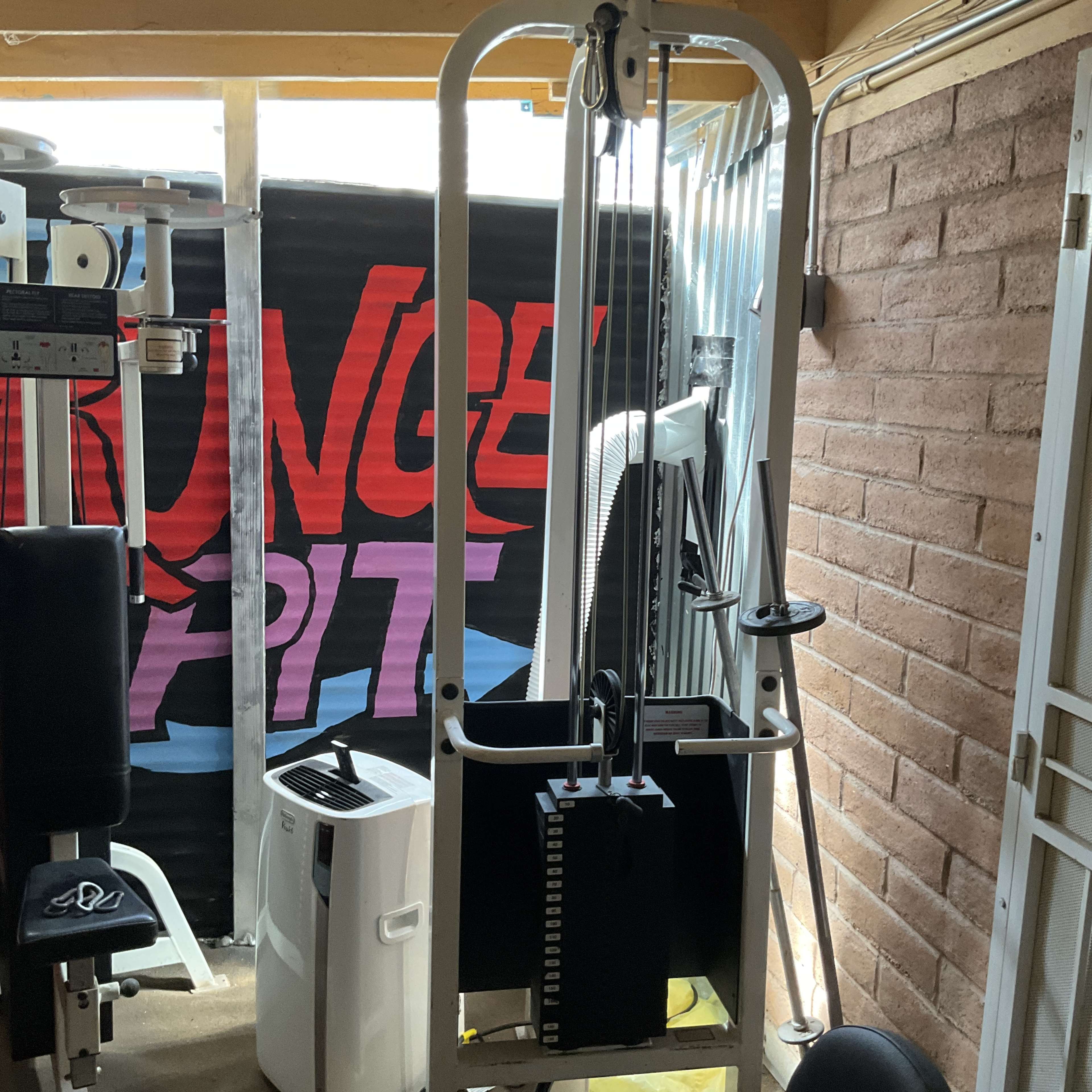 The image shows a weight machine in a gym setting with a colorful sign in the background that reads "STRONGER FIT."