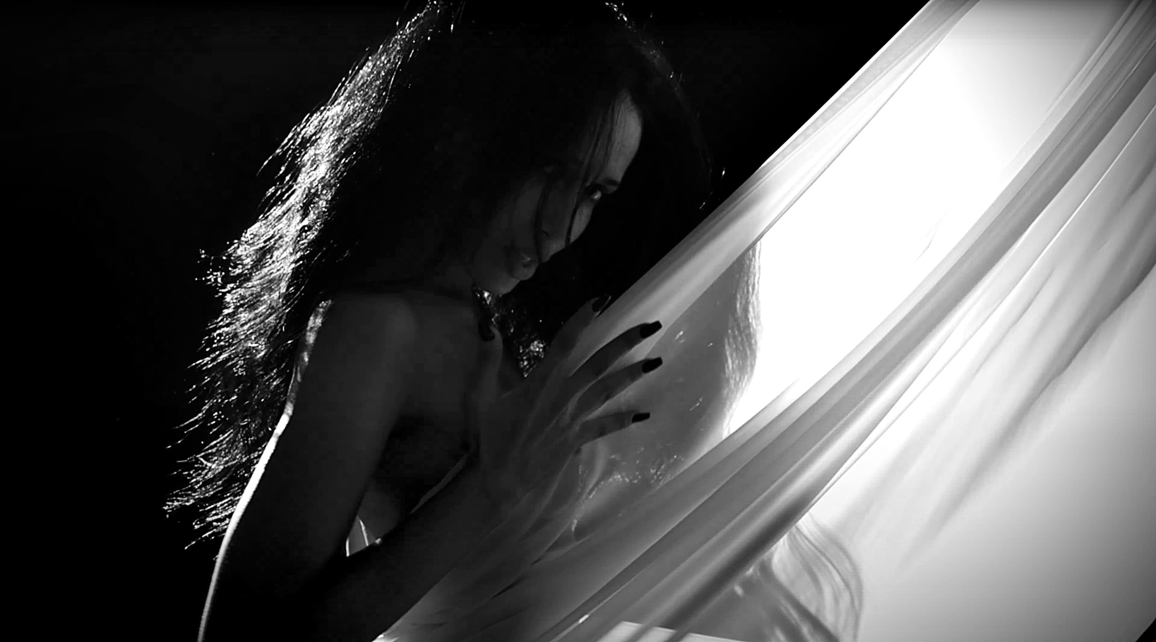 A woman holds a flowing sheer fabric in front of her, creating a contrast against a dark background.