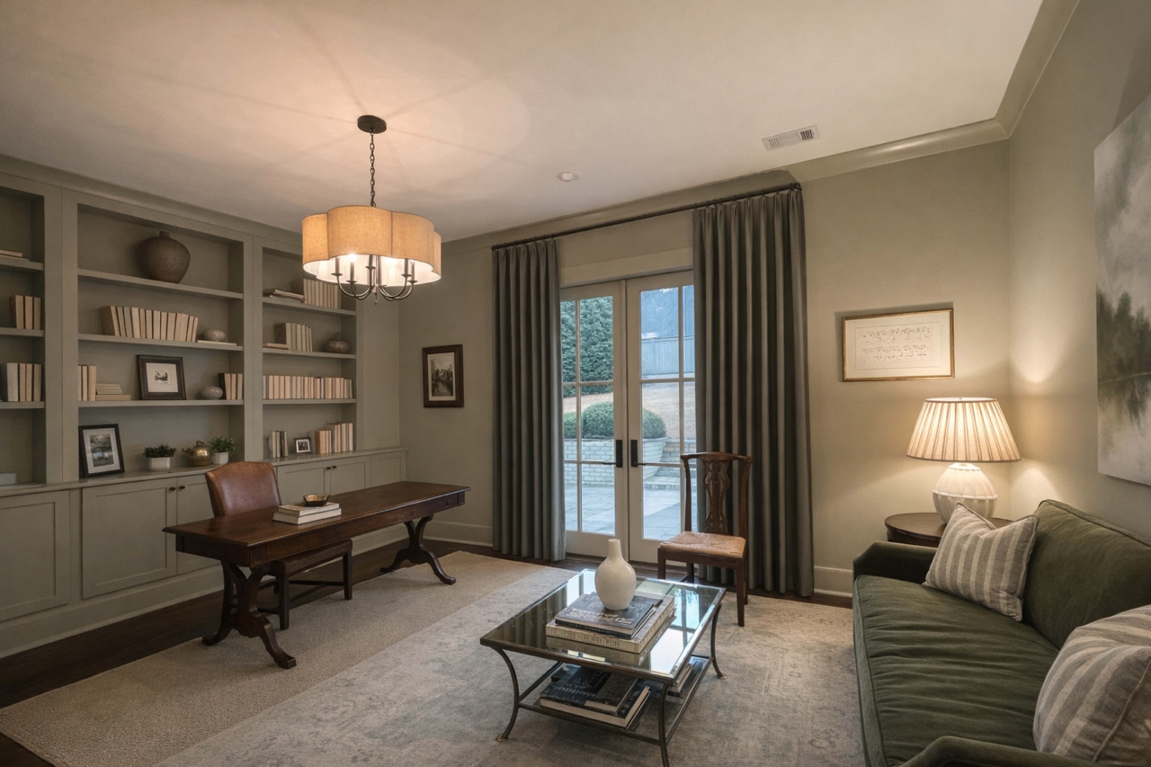 The image shows a cozy living space featuring a green sofa, a wooden table, bookshelves, and a glass coffee table near a large window with drapes.