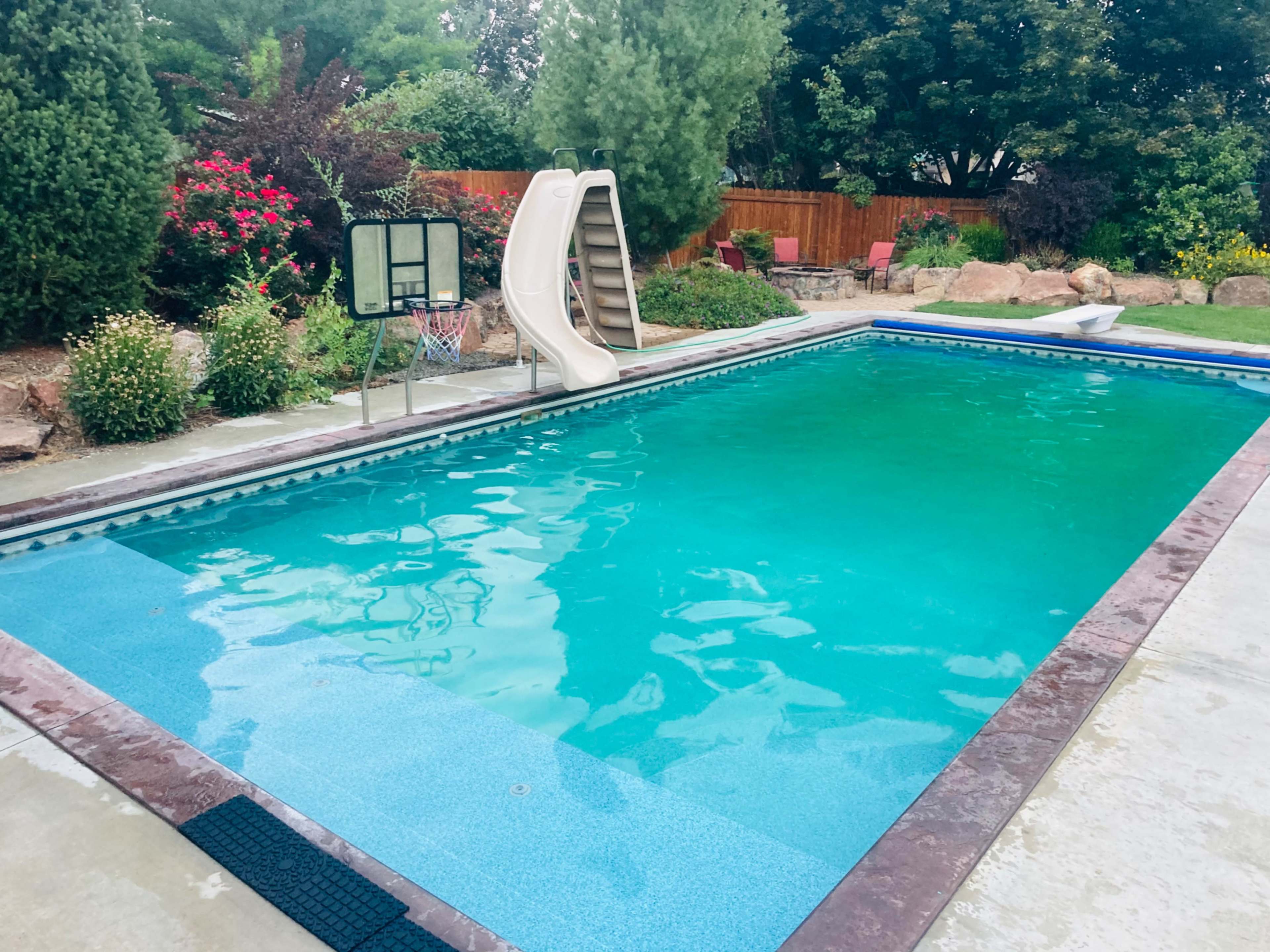 A swimming pool with a slide, surrounded by landscaped greenery and a basketball hoop.