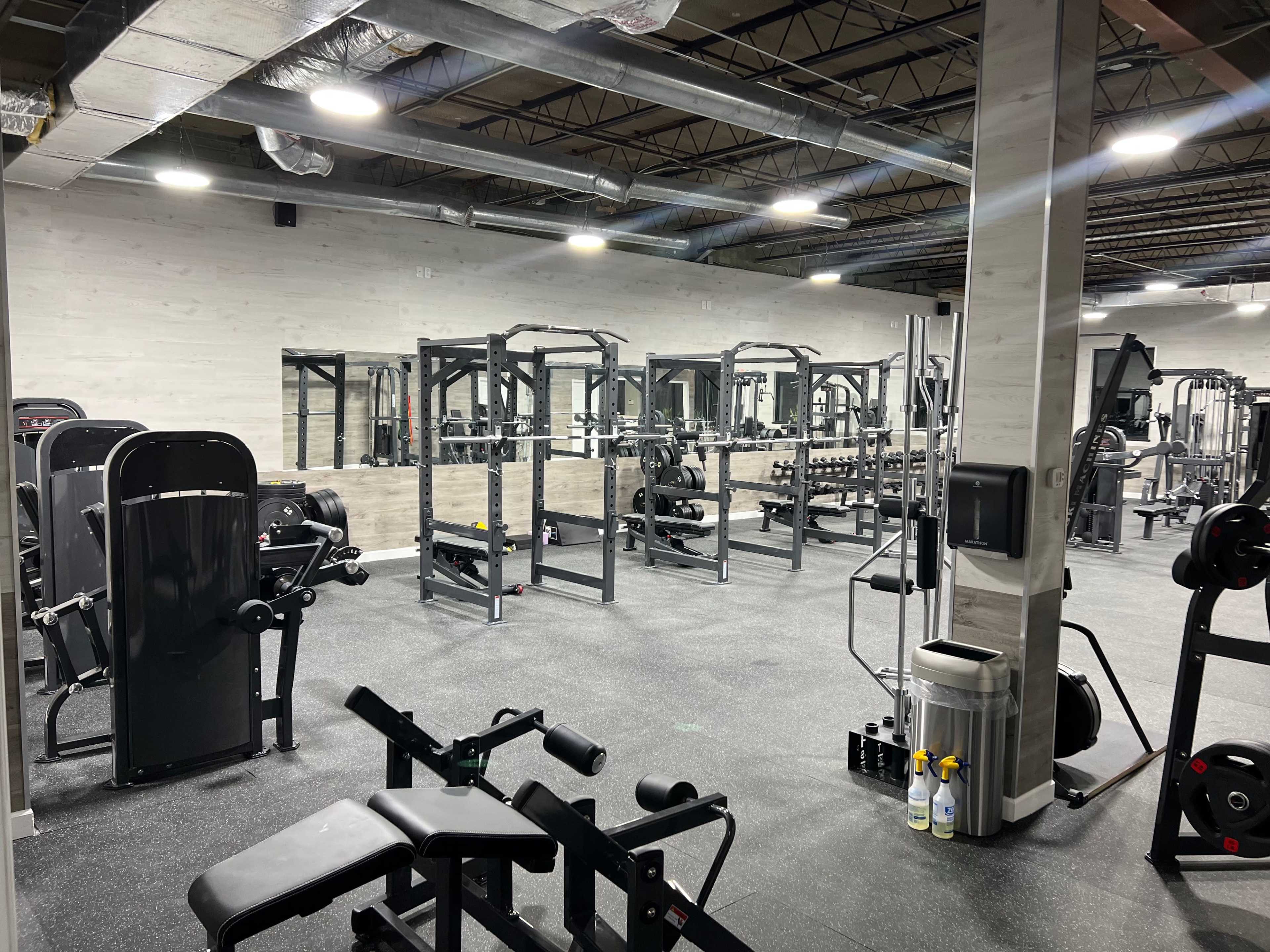 A spacious gym with various workout equipment, including weight machines and squat racks, arranged neatly on a rubberized floor.