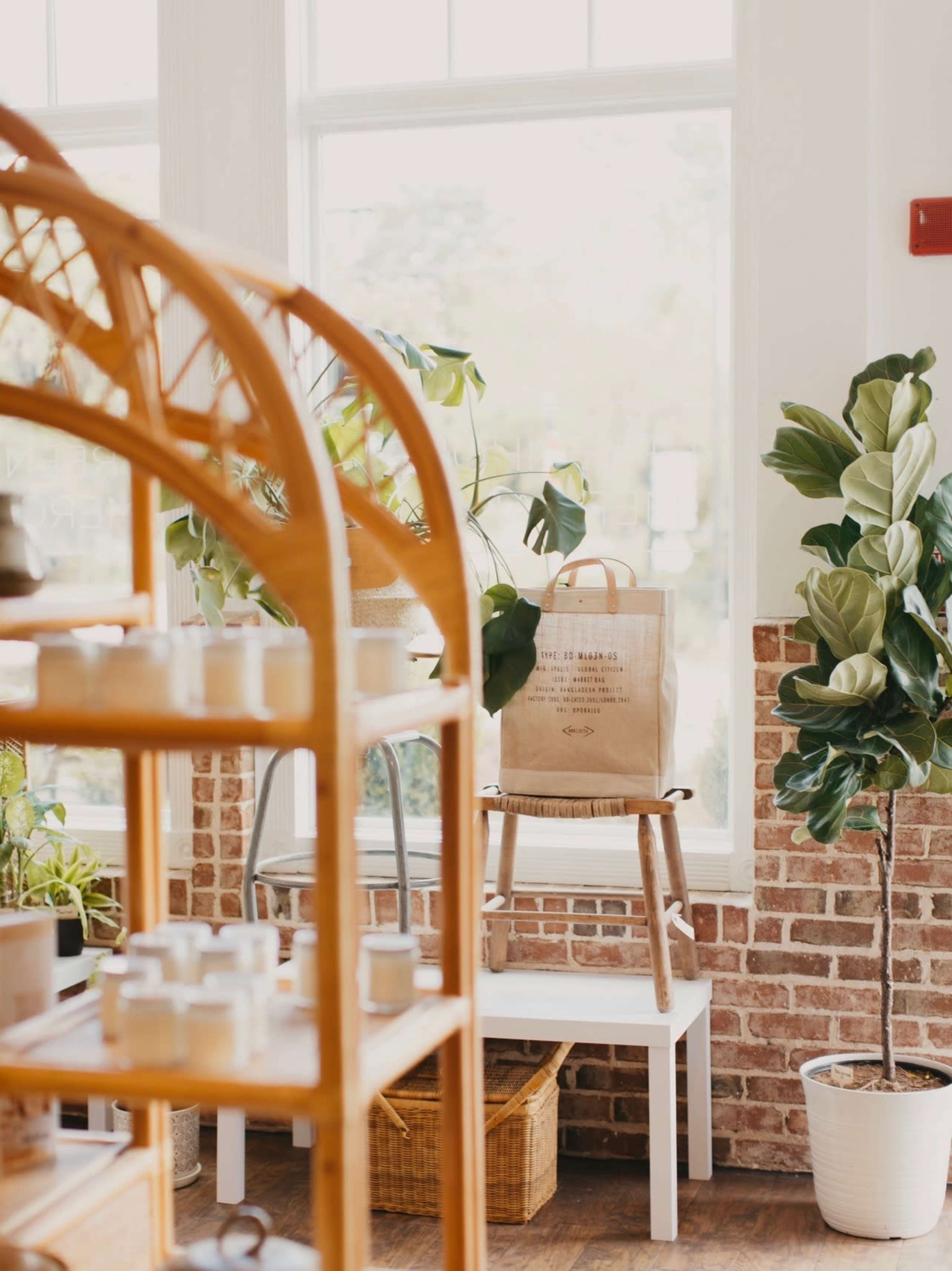 A corner of a shop features a wooden shelf with jars, a chair with a bag on it, and potted plants beside a brick wall and large windows.