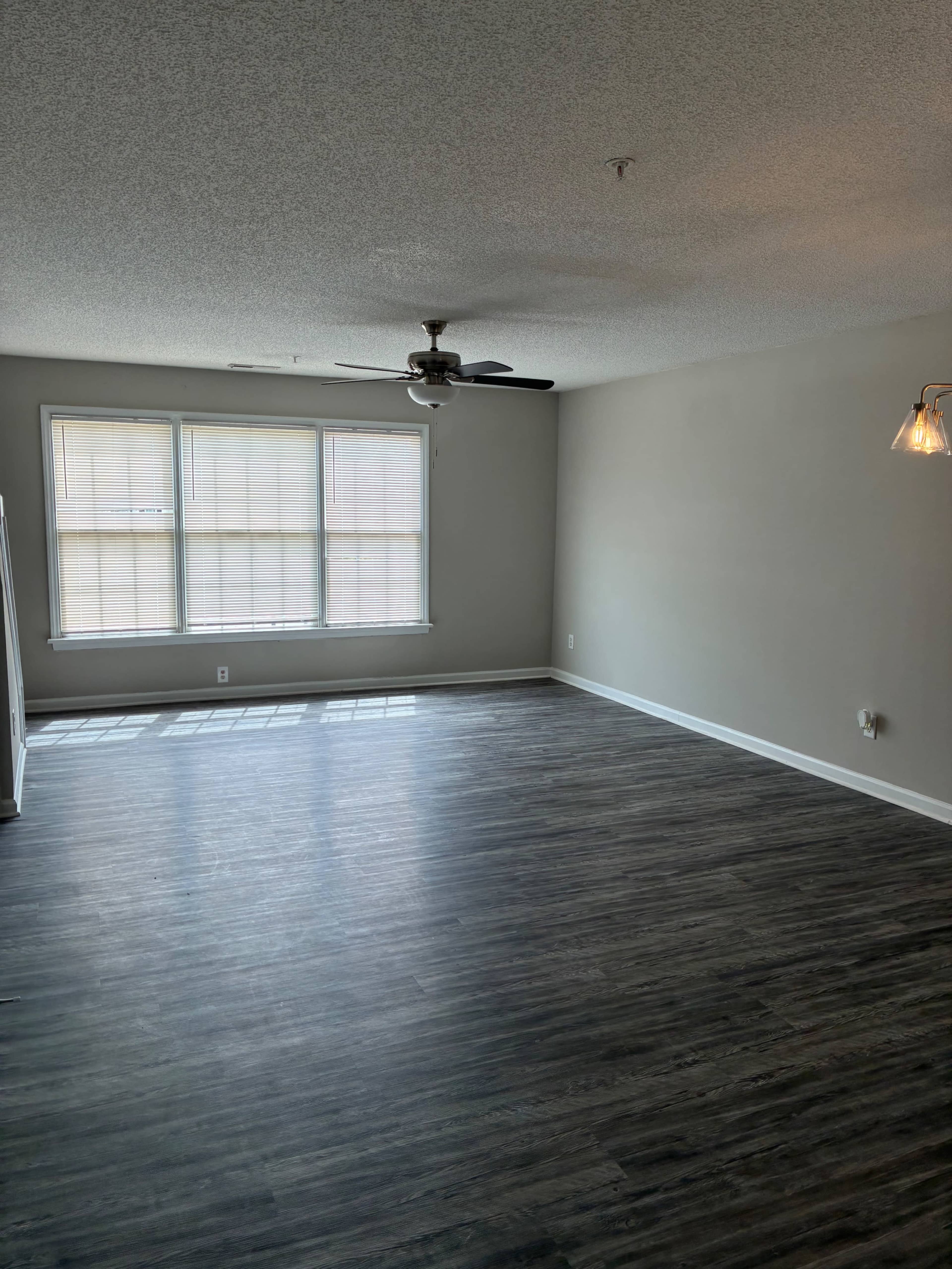 The image shows a spacious, empty room with a ceiling fan, large windows allowing natural light, and laminate flooring.