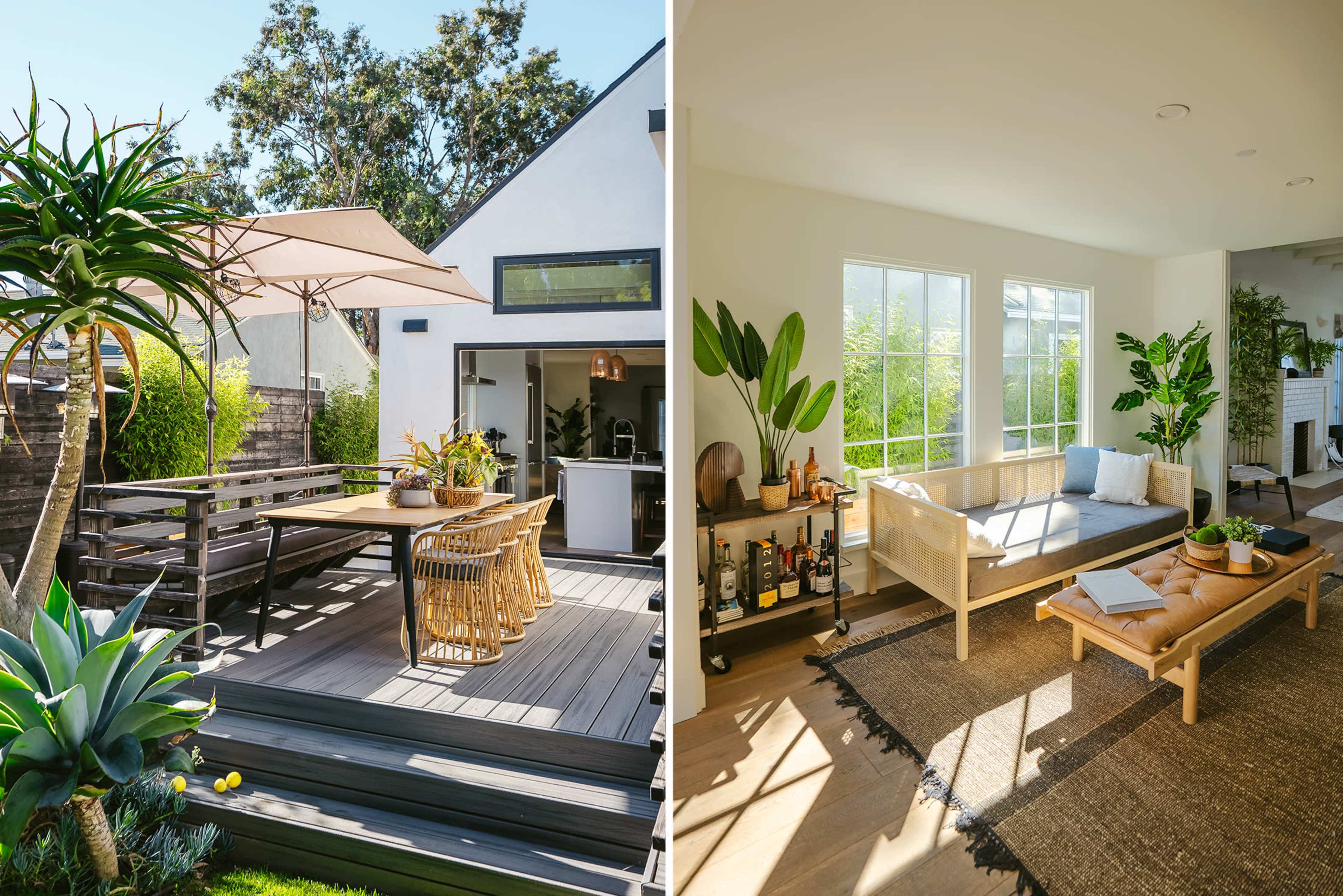 A split scene with a modern outdoor patio featuring a dining table and an indoor living area with large windows and a minimalistic sofa.