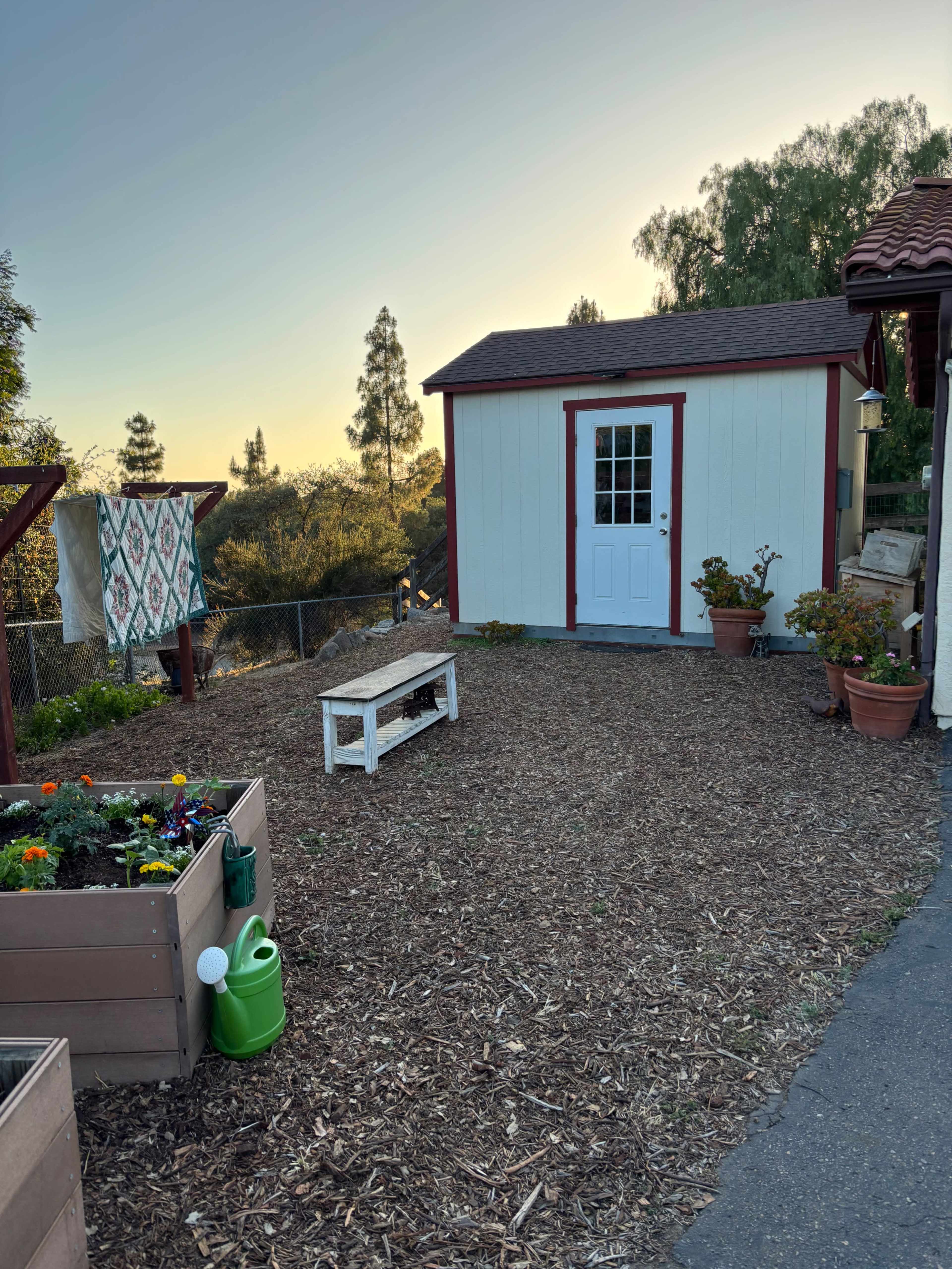 The image shows a small garden area with a storage shed, a raised garden bed filled with plants, and a wooden bench surrounded by potted plants, set against a backdrop of trees and a clear sky.