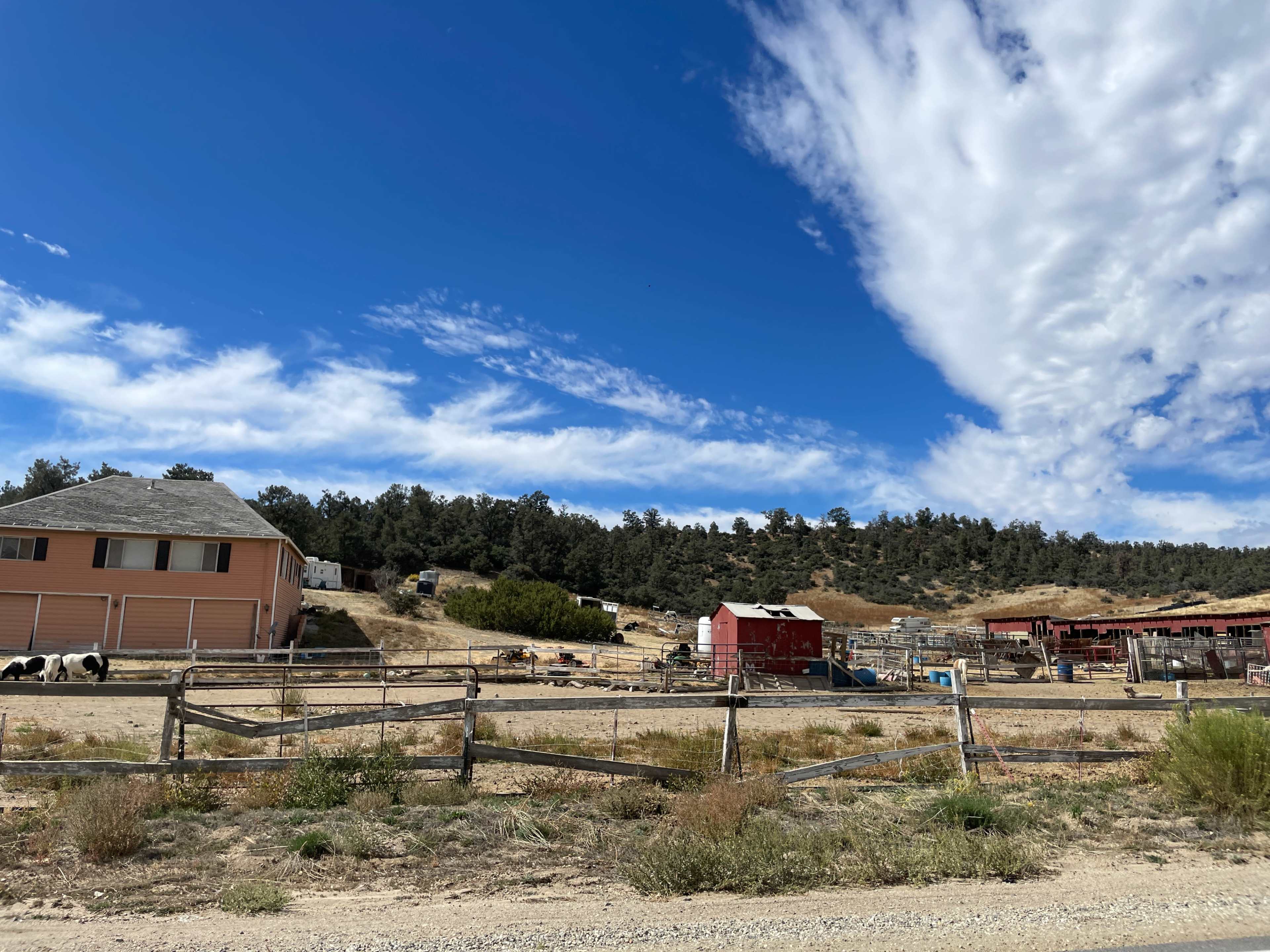 A rural landscape features a light-colored house, a red barn, and grazing cattle under a blue sky with scattered clouds.