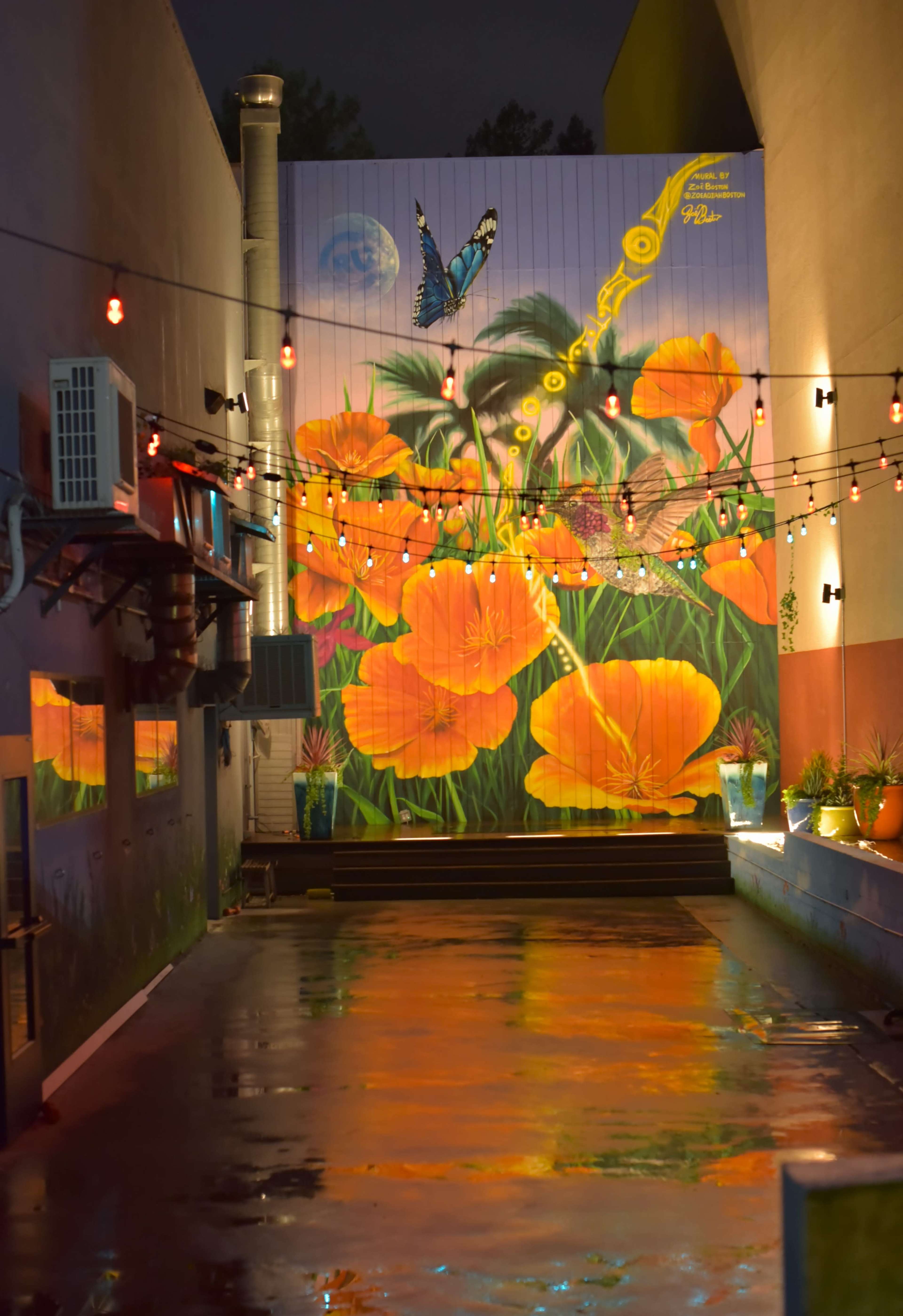 A brightly painted mural of orange flowers and a butterfly decorates a wall in a dimly lit alley, reflecting on a wet surface below.