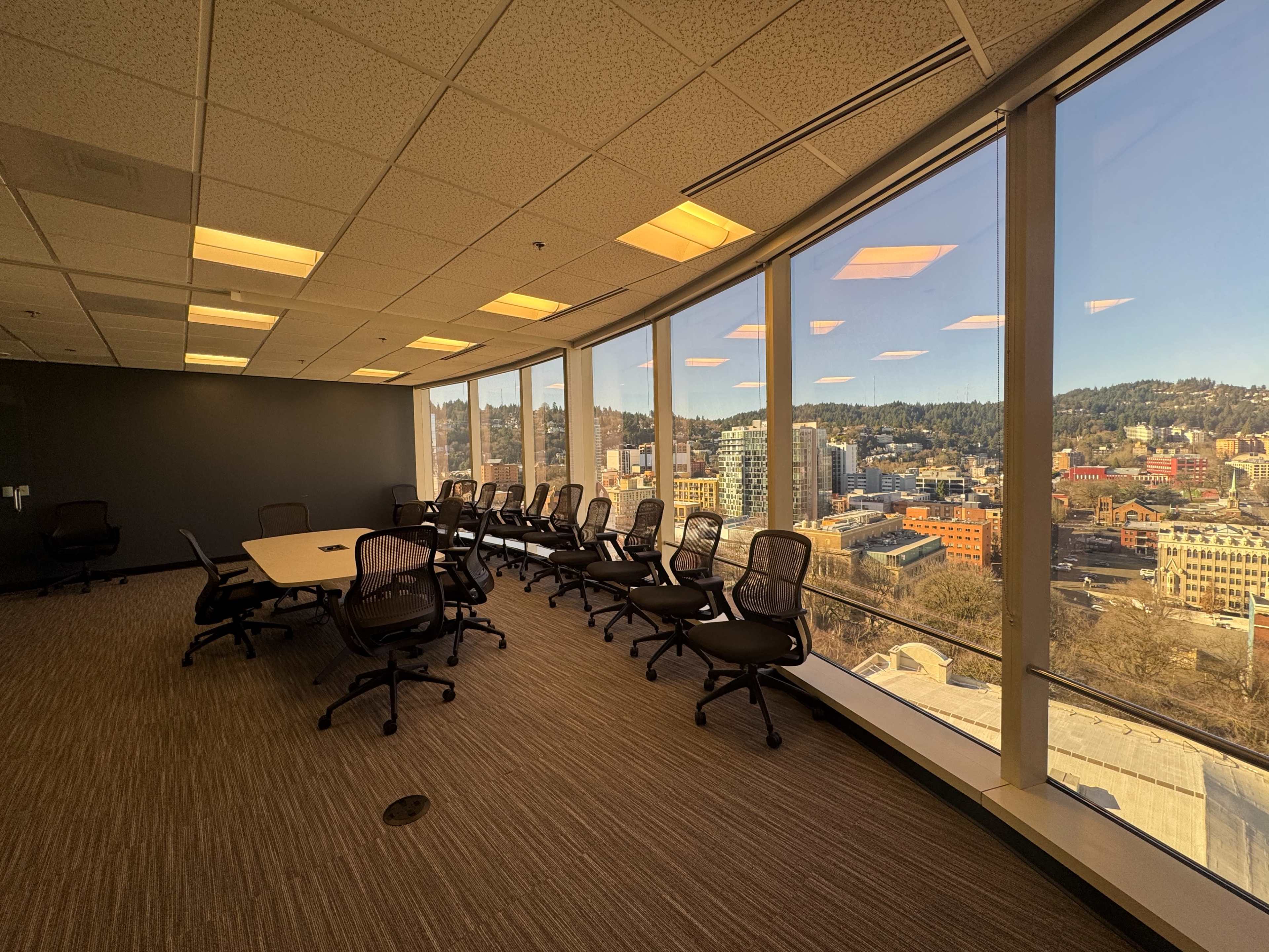 A conference room with a large table and chairs overlooks a city skyline through large windows.
