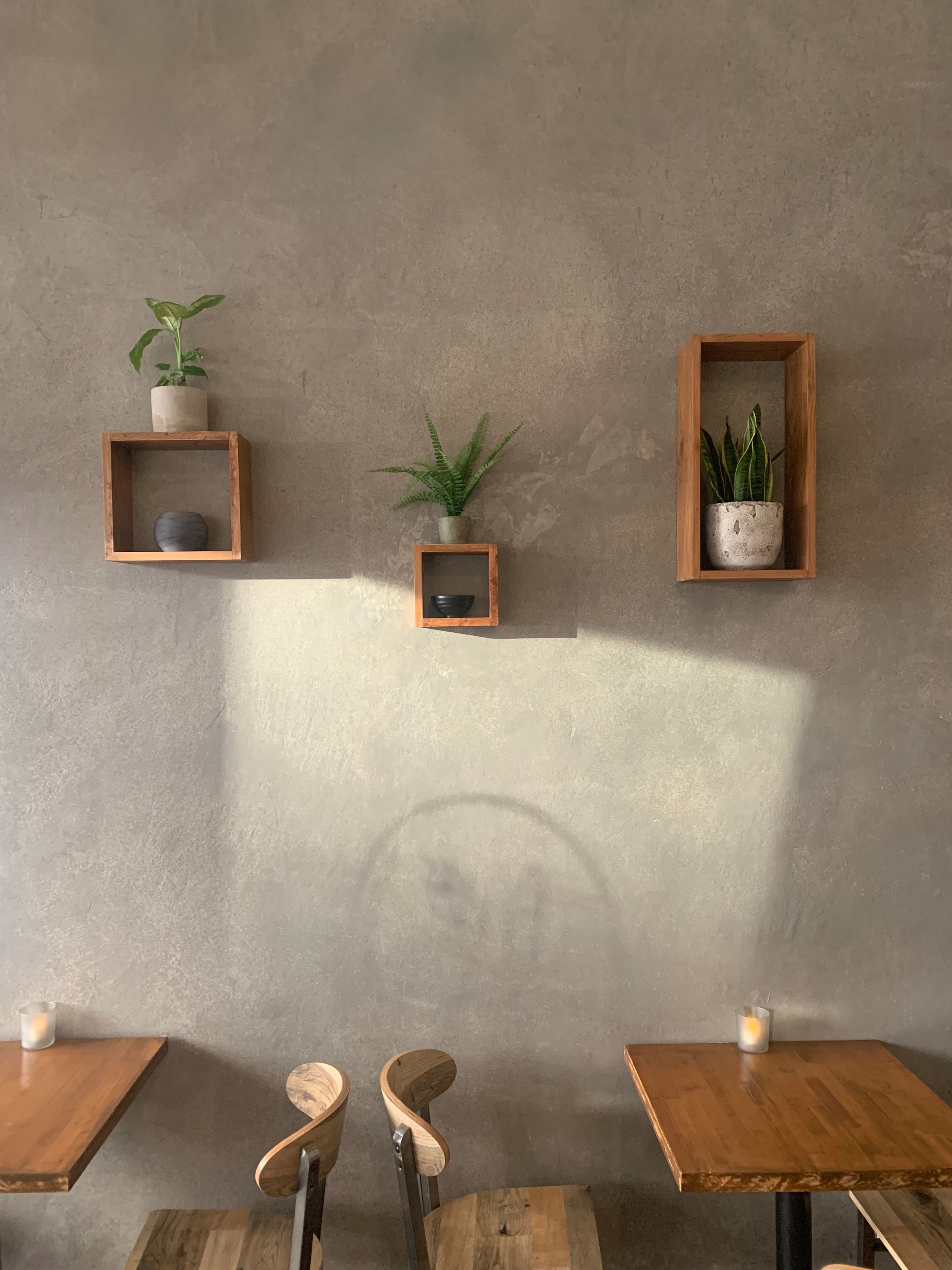 A textured gray wall with three wooden shelves displaying potted plants, above two wooden tables and chairs.