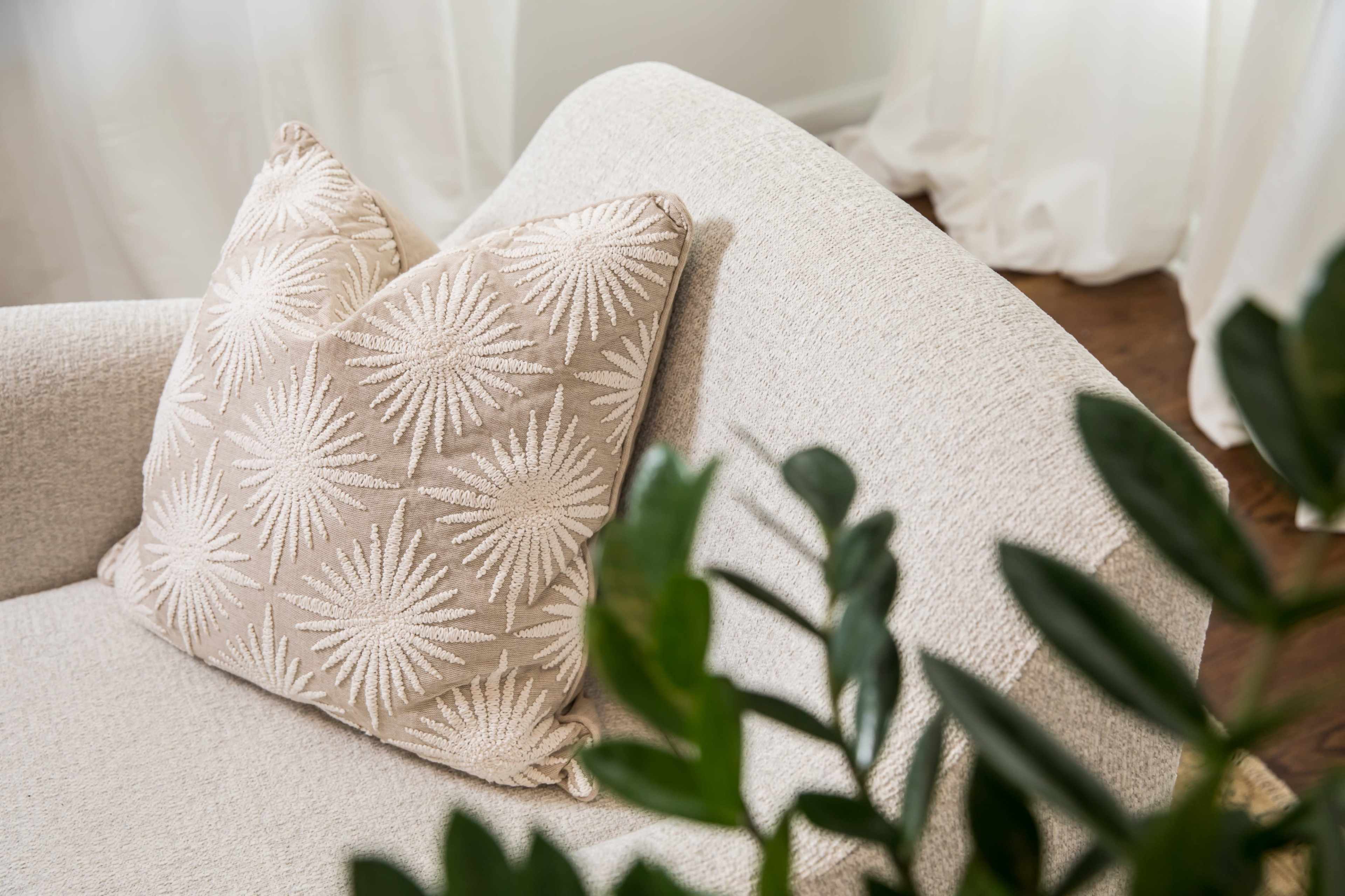 A beige sofa with a decorative star-patterned pillow is partially visible beside a leafy green plant.