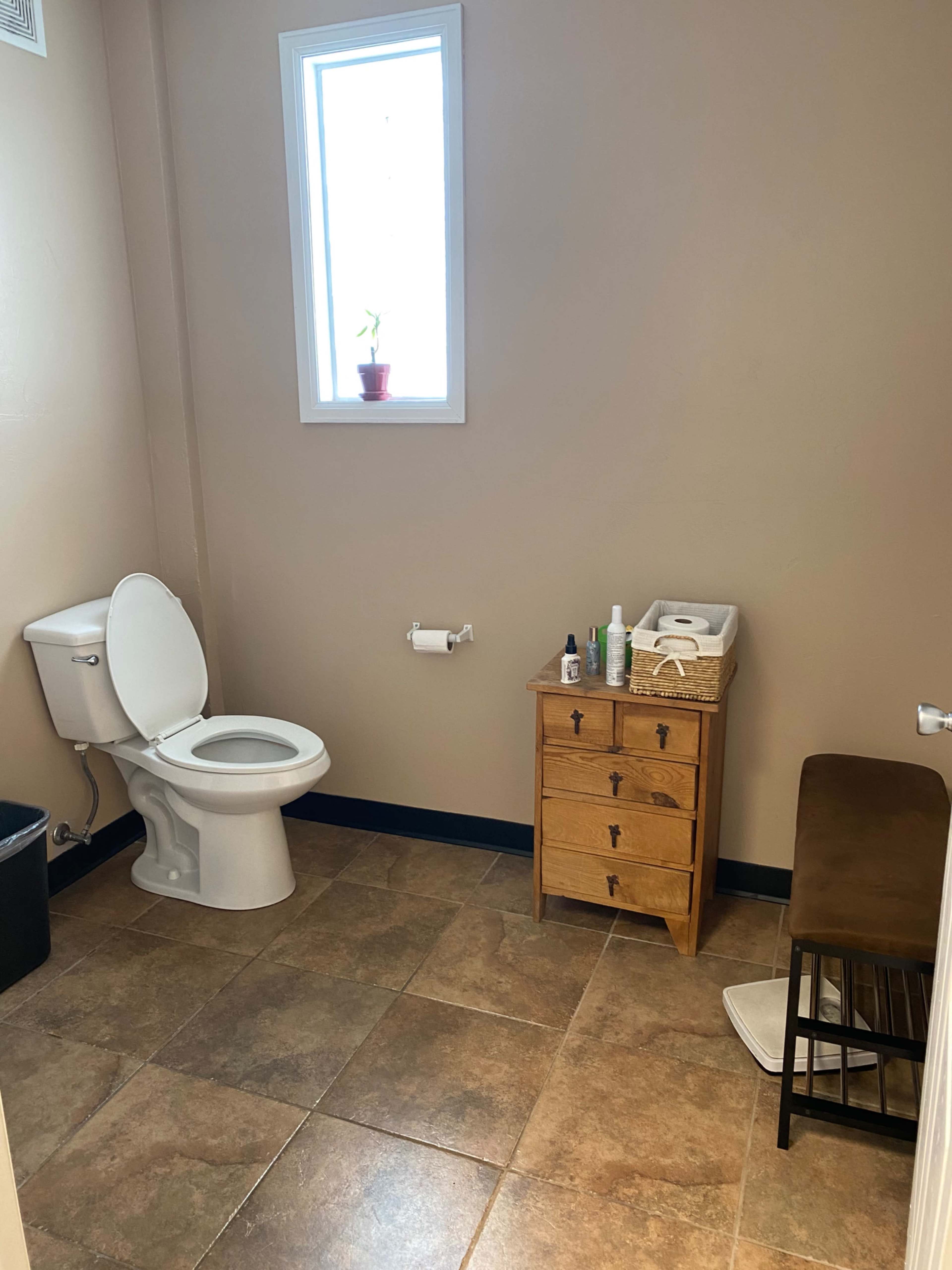 A small, light-colored bathroom with a toilet, a wooden drawer unit, a stool, and a window with a potted plant.