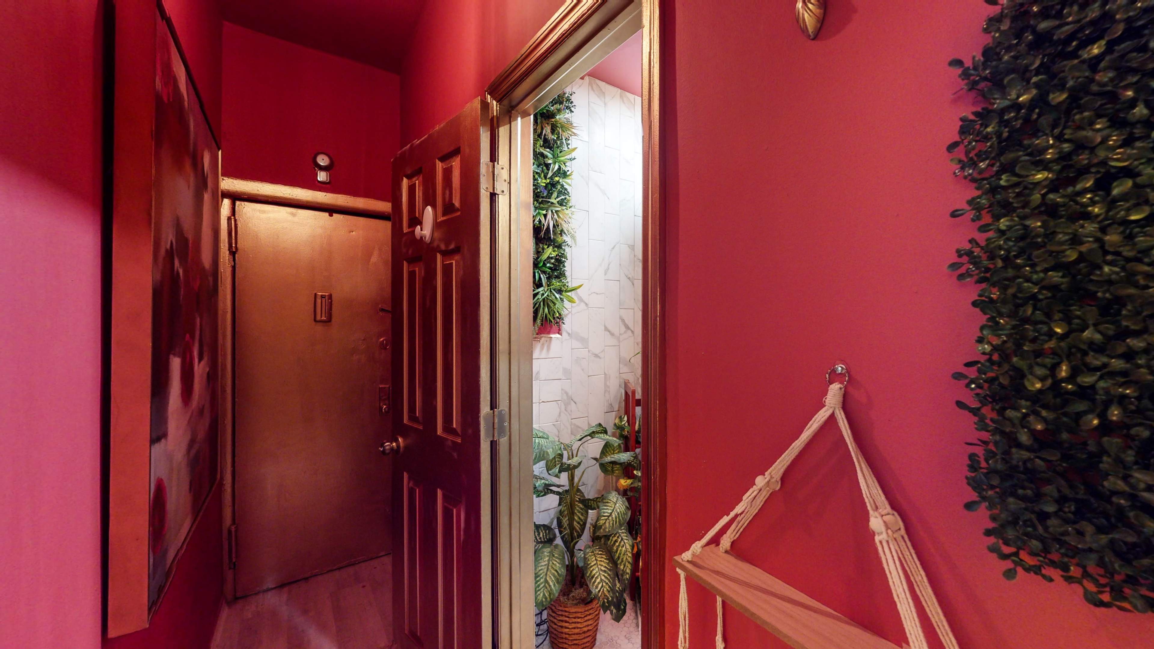 A narrow hallway features a brown door leading to a brightly colored bathroom adorned with indoor plants and a textured wall.