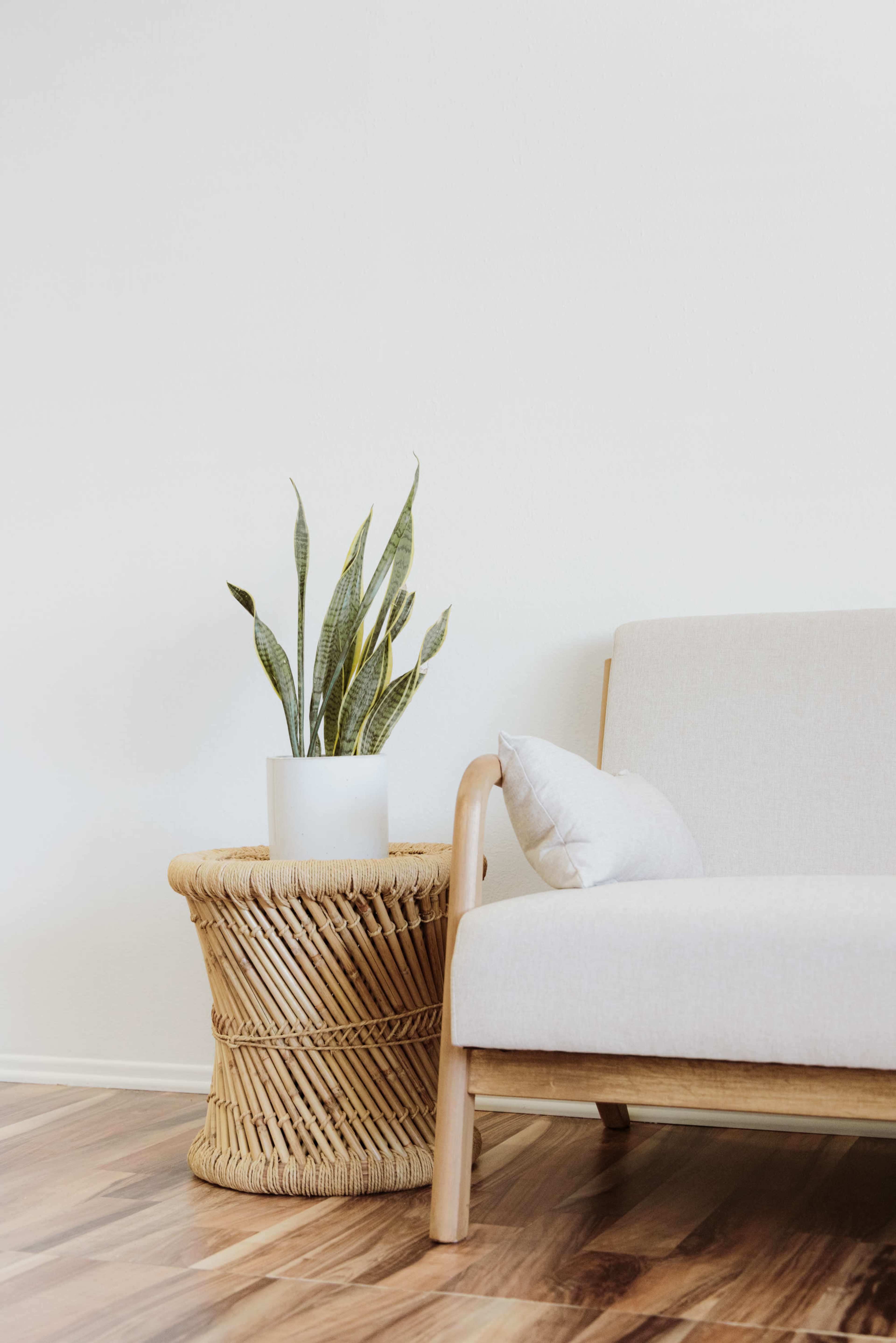 A light-colored sofa sits beside a woven basket table topped with a potted plant in a minimalist room.