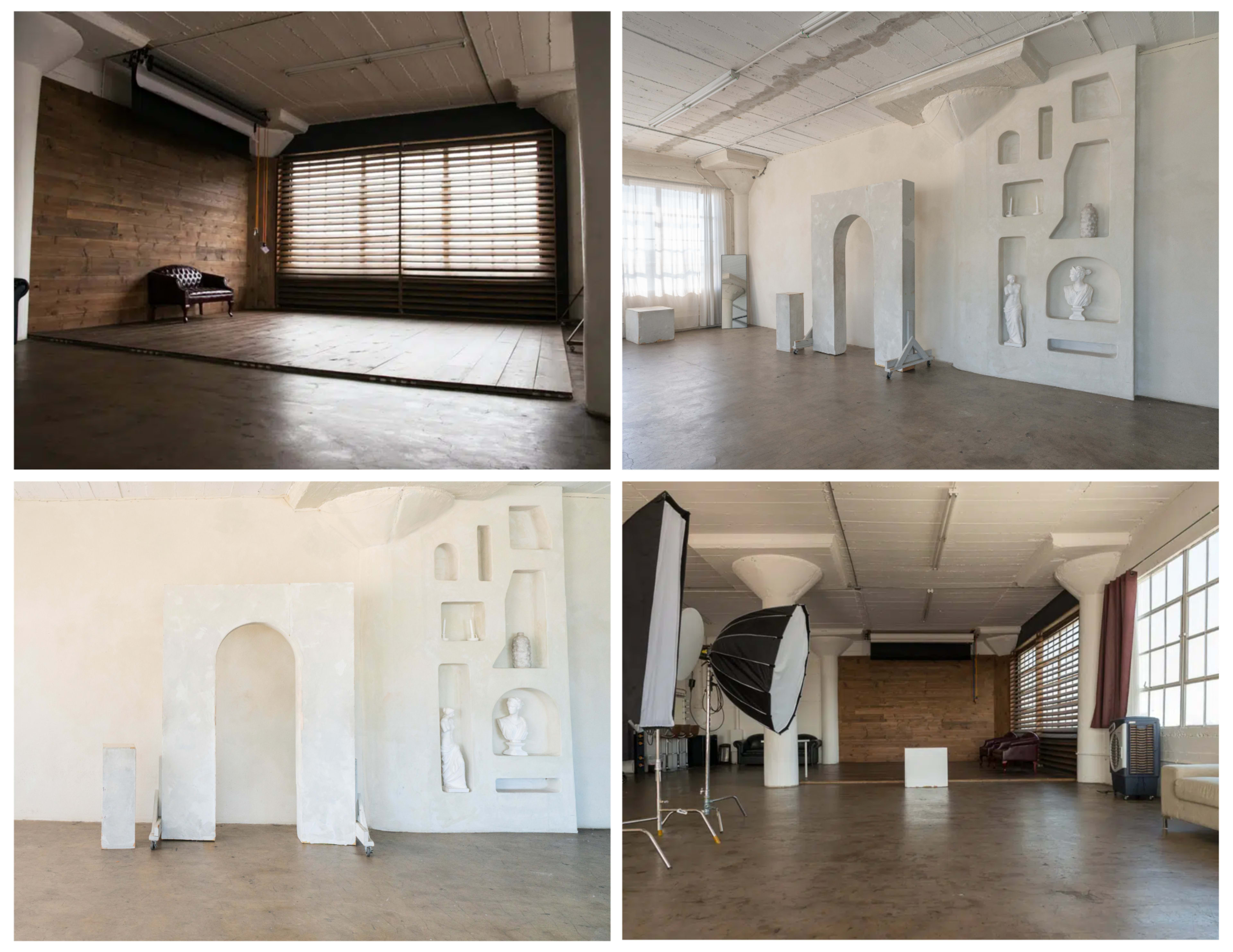 The image shows a spacious studio with wooden and white walls, featuring decorative wall niches and large windows for natural light.