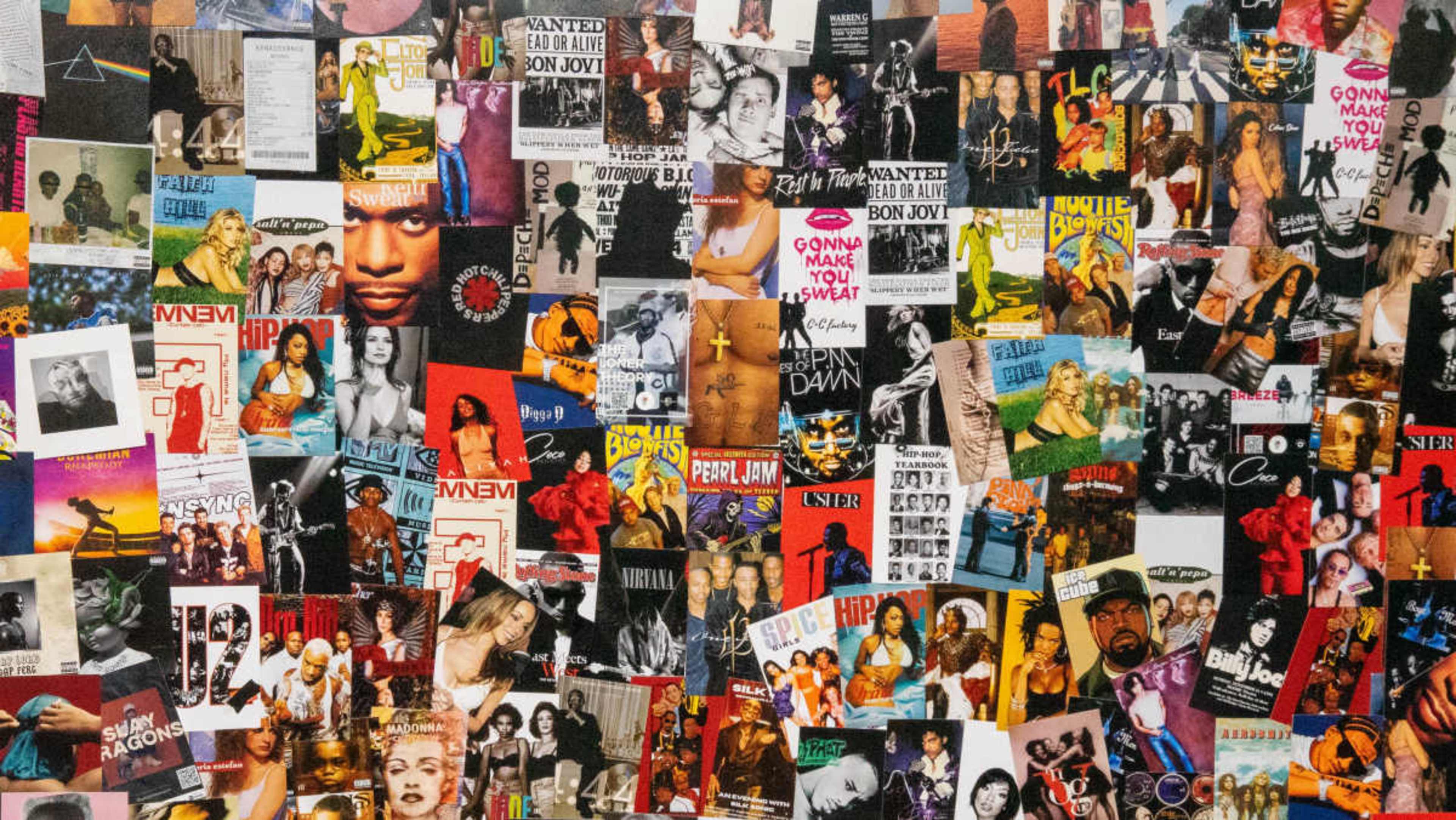 The image shows a collage of various music album covers, celebrity posters, and pop culture imagery, creating a vibrant and eclectic background.