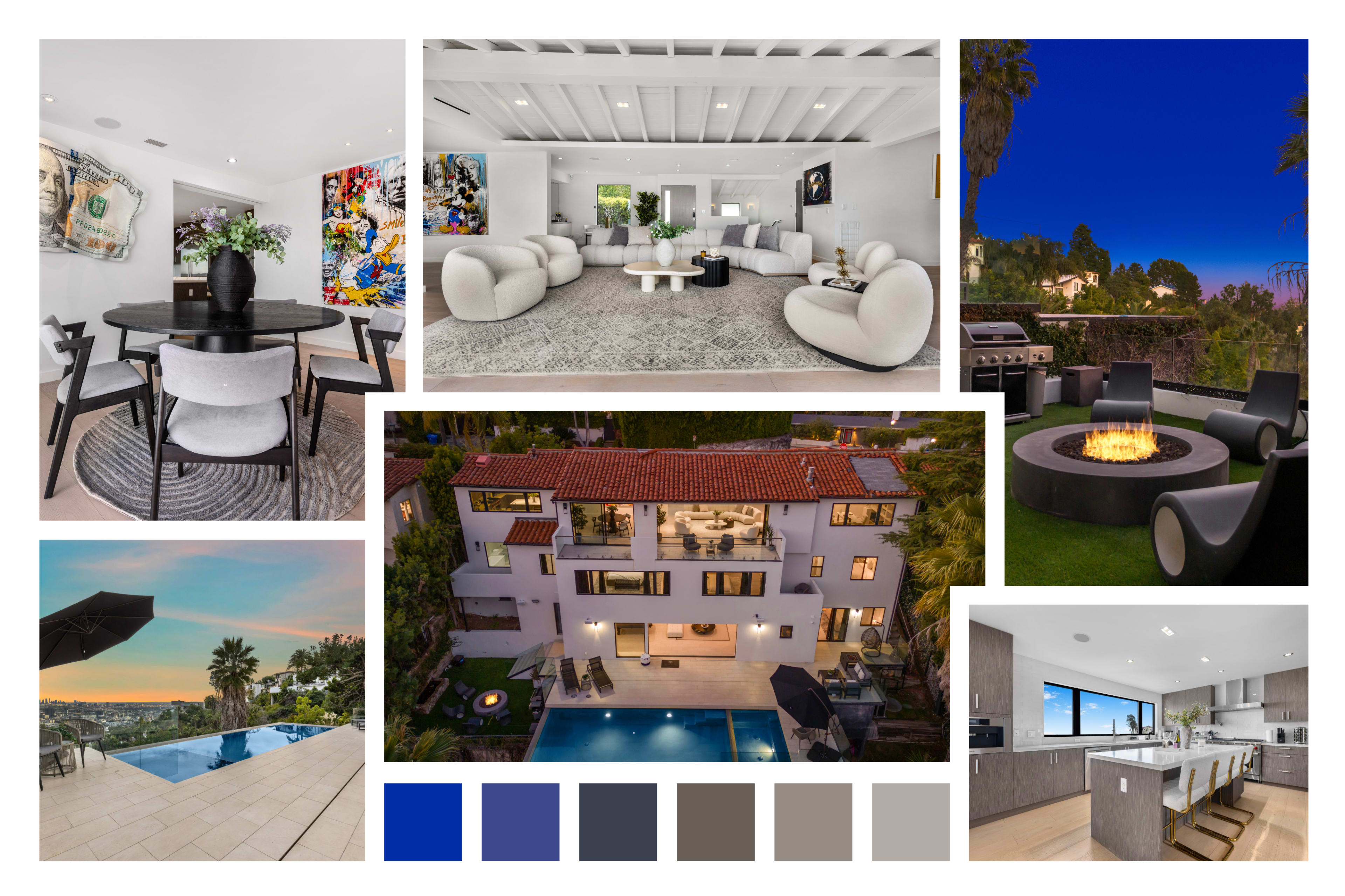 The image showcases a luxury home featuring various interior and exterior spaces, including a modern living room, dining area, outdoor seating with a fire pit, a pool area, and a view of the surrounding landscape.