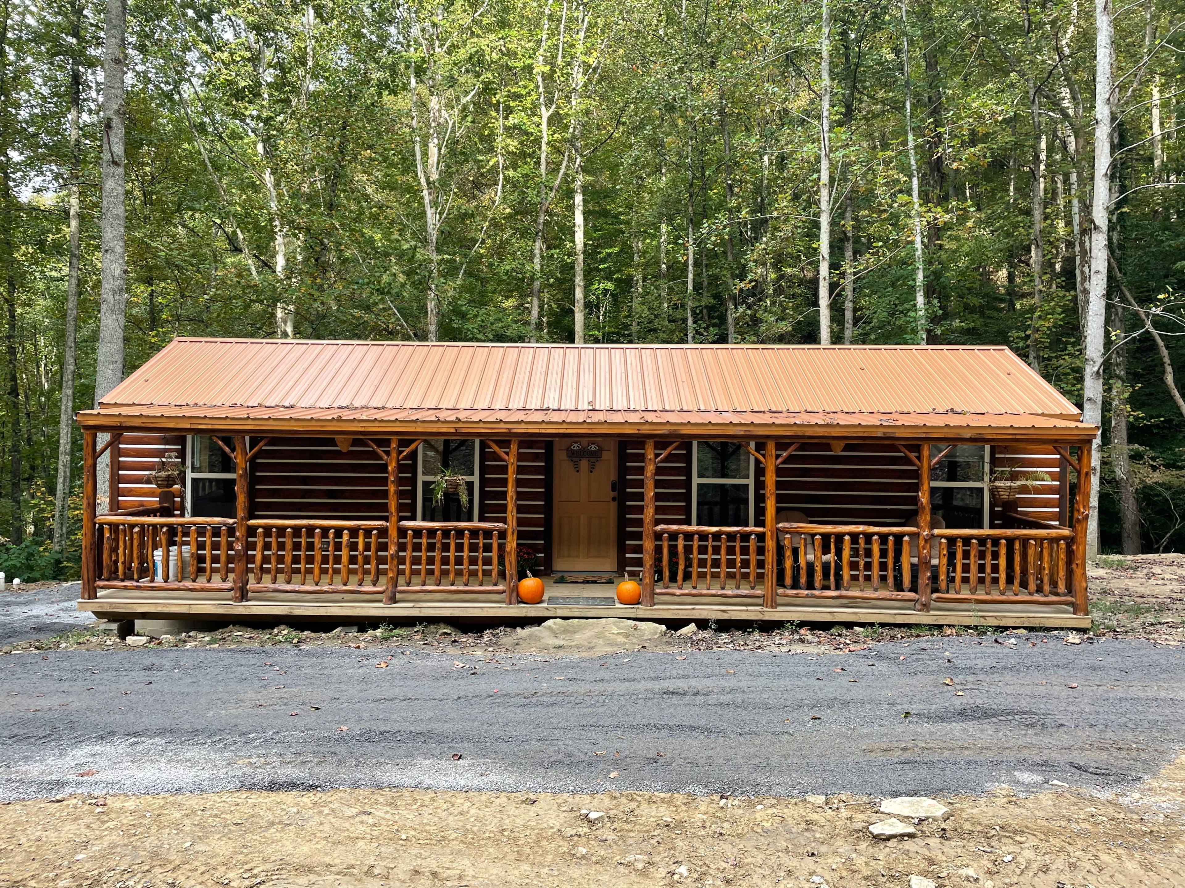 A log cabin with a metal roof and a porch, surrounded by trees and featuring two pumpkins on the steps.