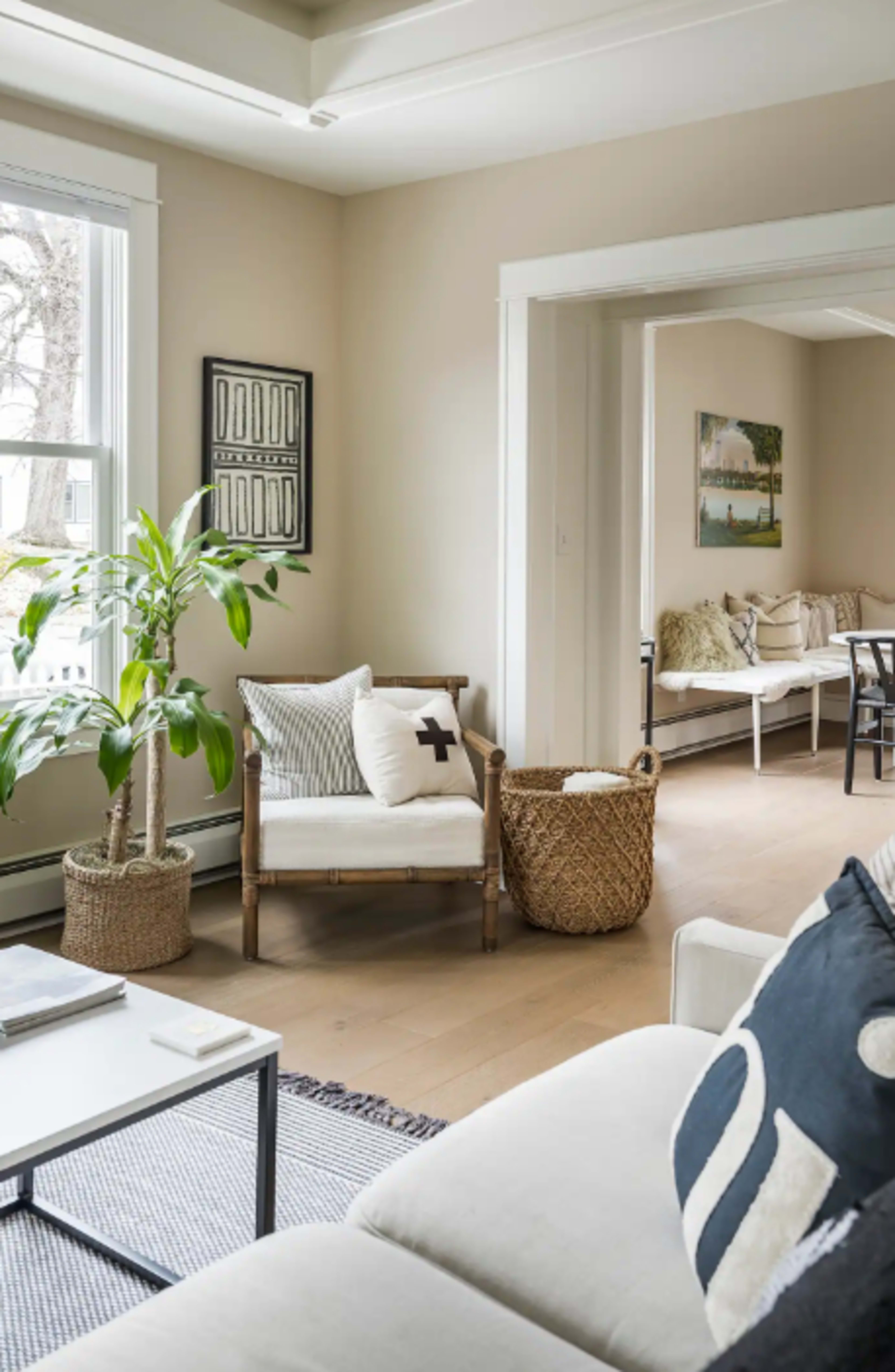 A bright living room with a neutral color palette, featuring a small seating area with a throw pillow, a potted plant, and a woven basket beside a light-colored sofa.