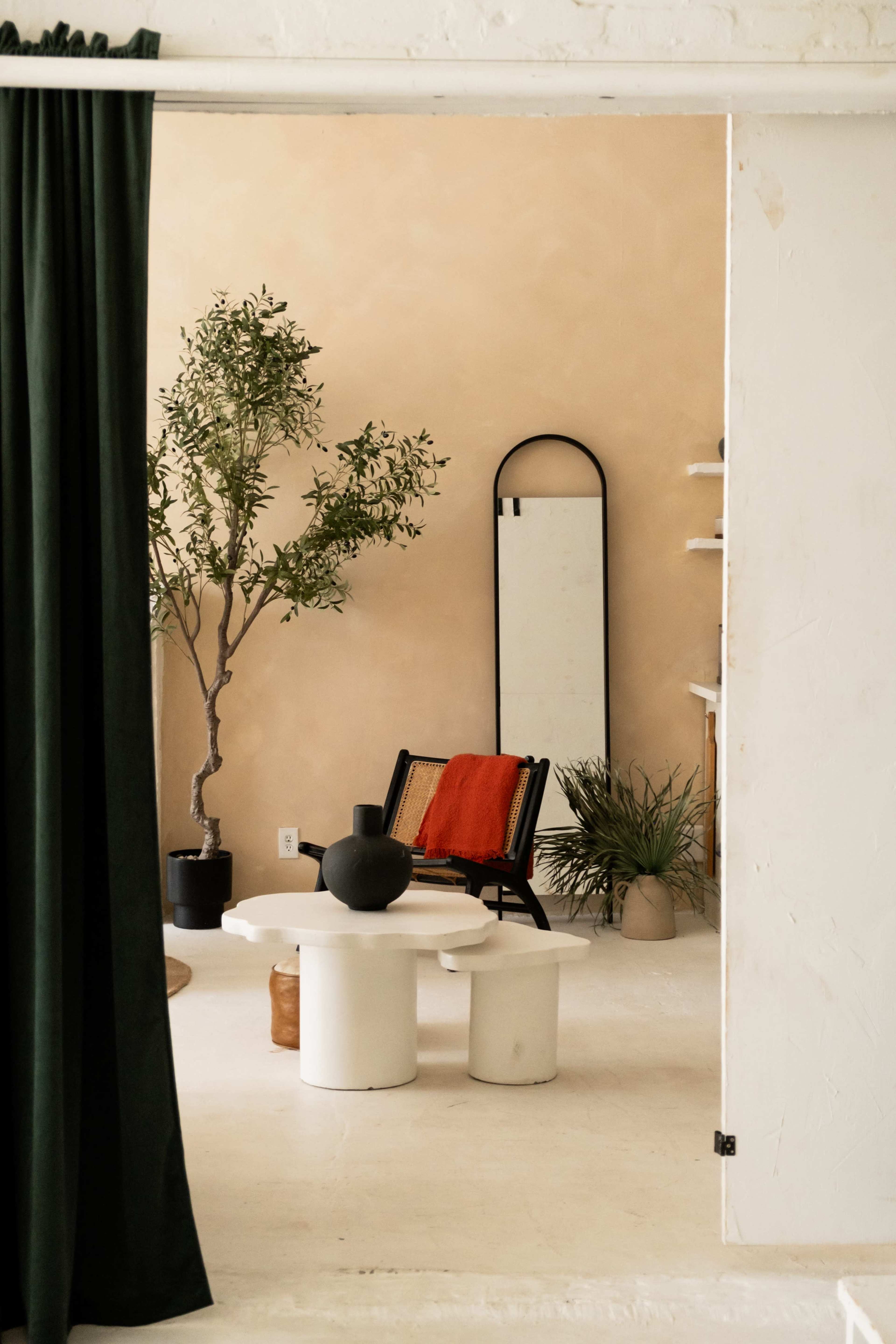 The image shows a minimalist interior space featuring a black chair with a red blanket, a round table, and plants against a neutral wall.