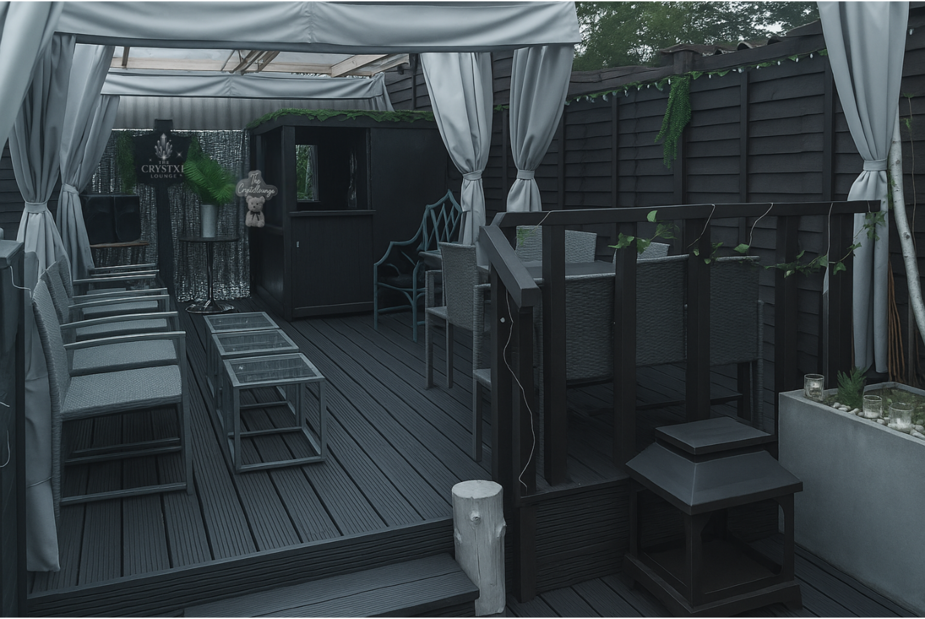 The image shows a modern outdoor seating area with gray furniture, featuring a bar-like structure and a decorative sculpture under a canopy.