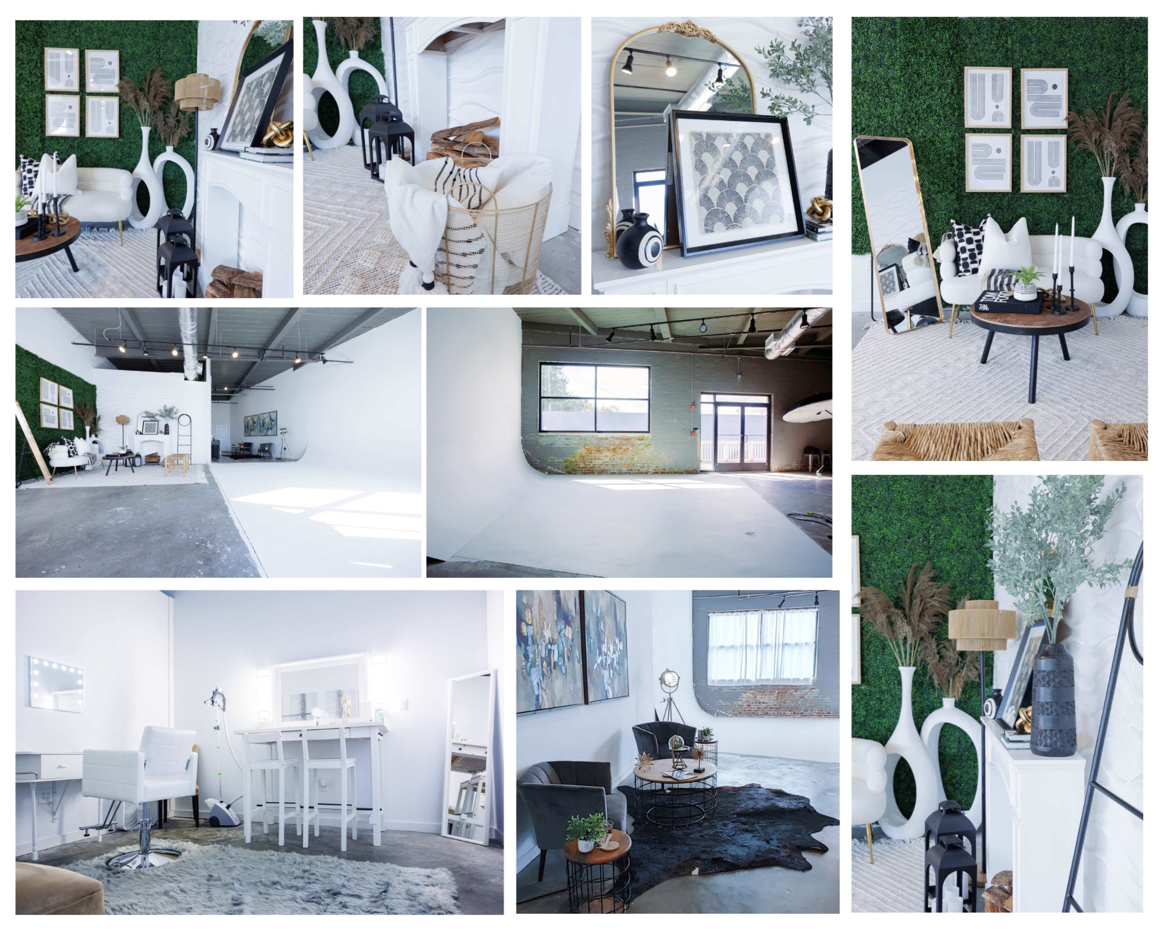 The image features a collage of various indoor spaces, showcasing stylish furniture arrangements, decorative elements, and a mix of green walls and natural light.