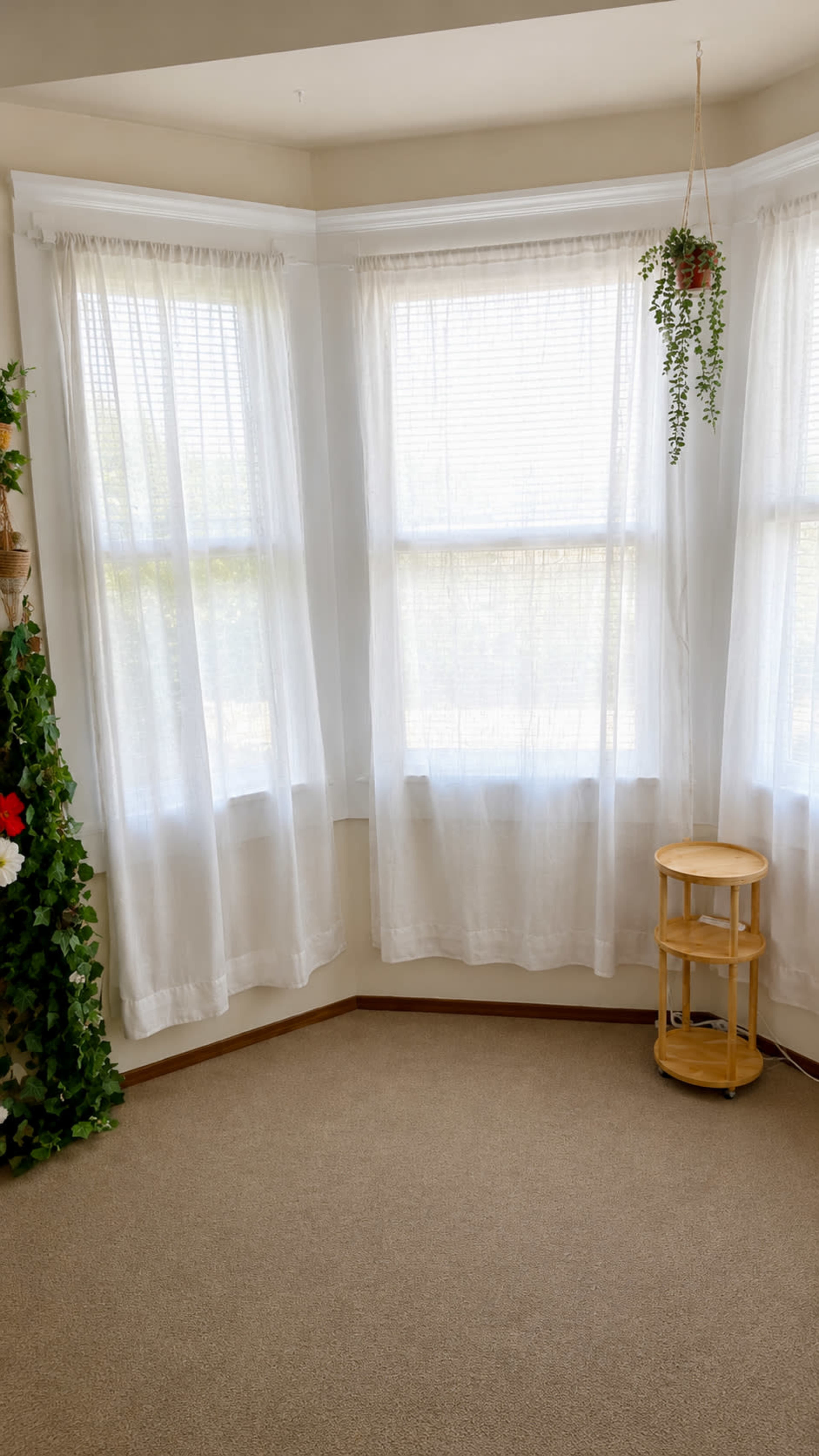 The image shows a bright corner of a room with large windows covered by sheer white curtains and a small round wooden table beside the windows.