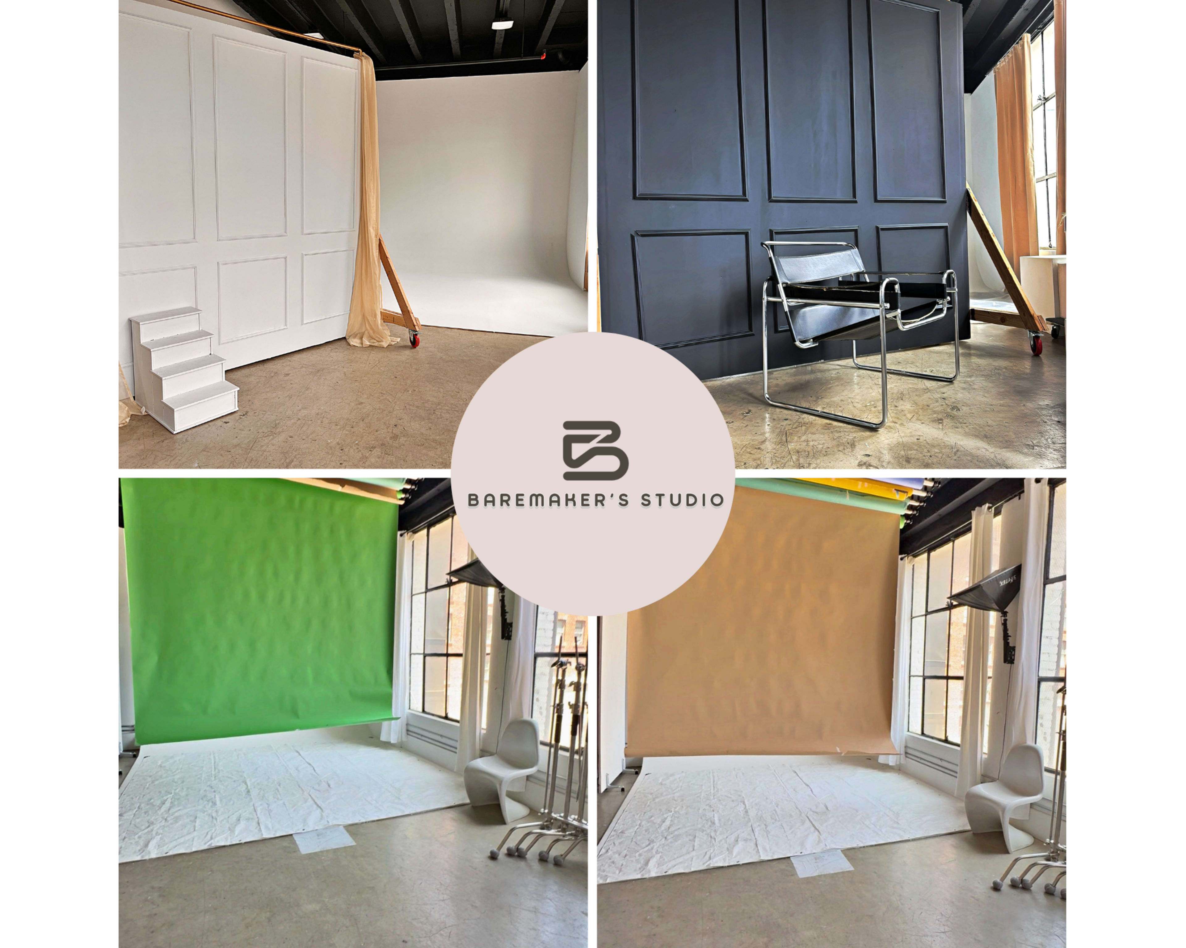 The image showcases four distinct setups in a studio, featuring various wall colors and backdrops, including a white panelled wall, a dark painted wall, a green screen, and a beige background.