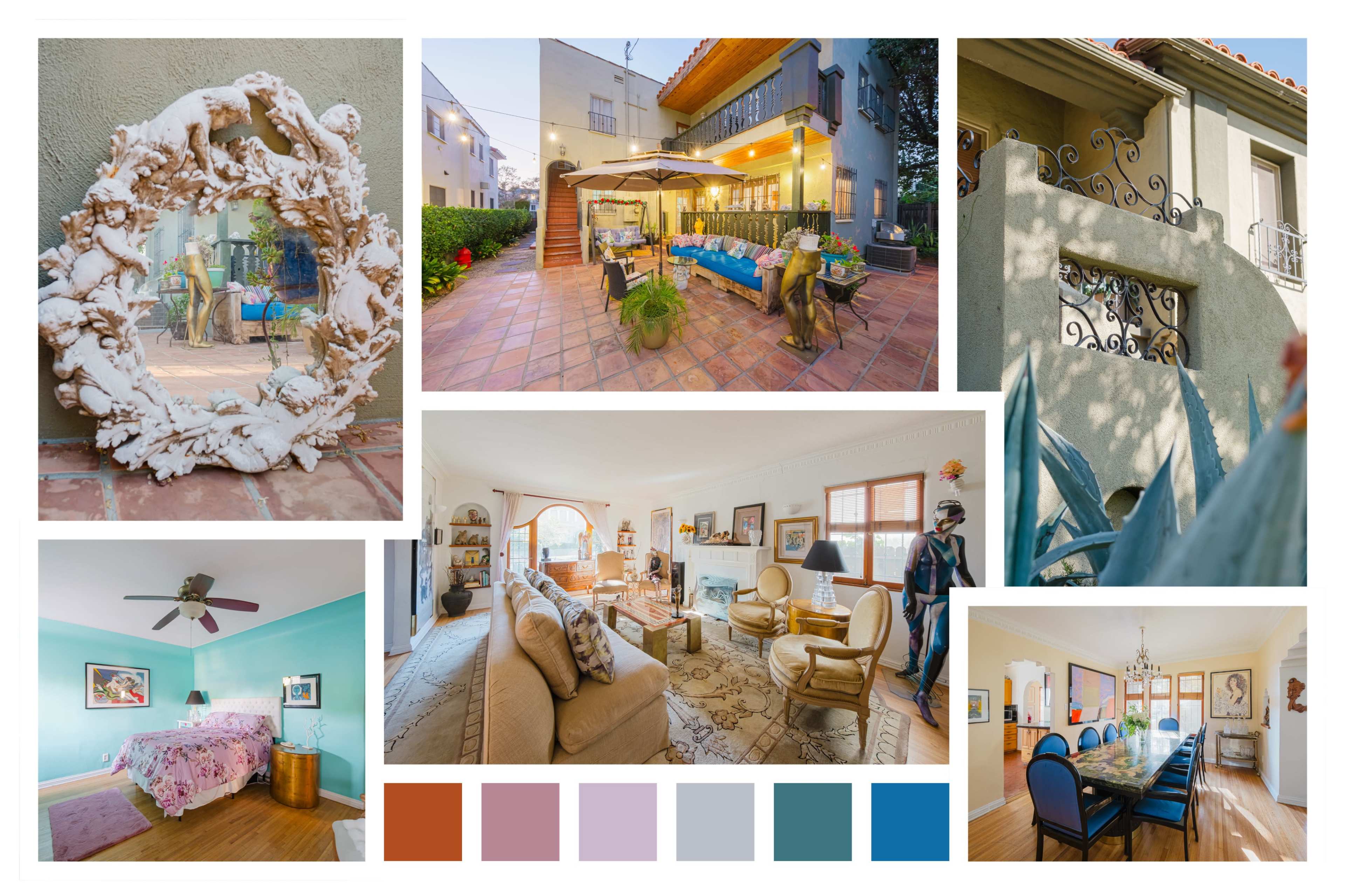 The image displays a collage of various scenes, including a decorative mirror, a modern outdoor patio, living spaces with furniture, a bedroom, and architectural details from a building's exterior.