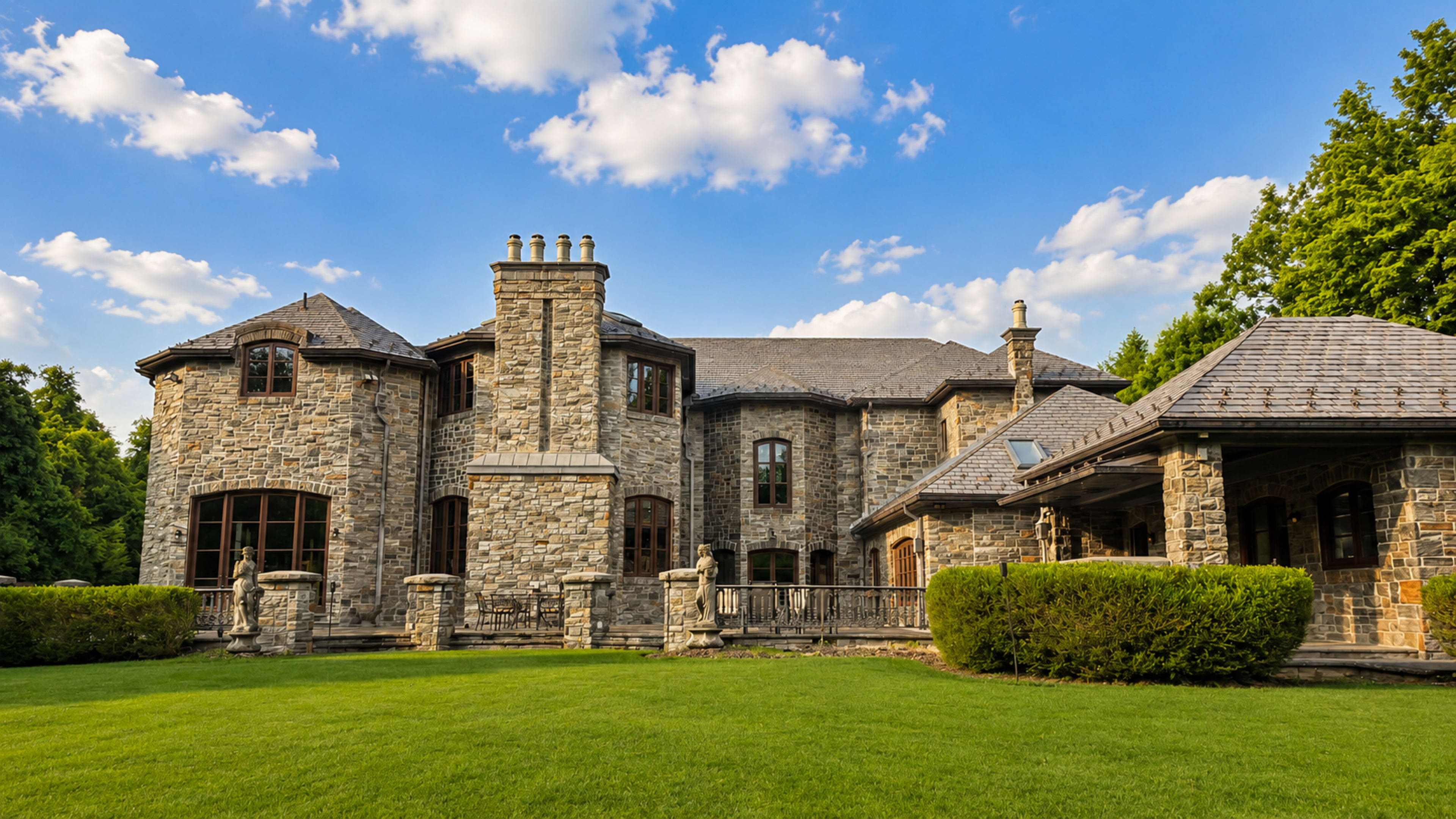 A large stone mansion with multiple chimneys and a covered porch sits surrounded by manicured lawns and trees under a blue sky with scattered clouds.