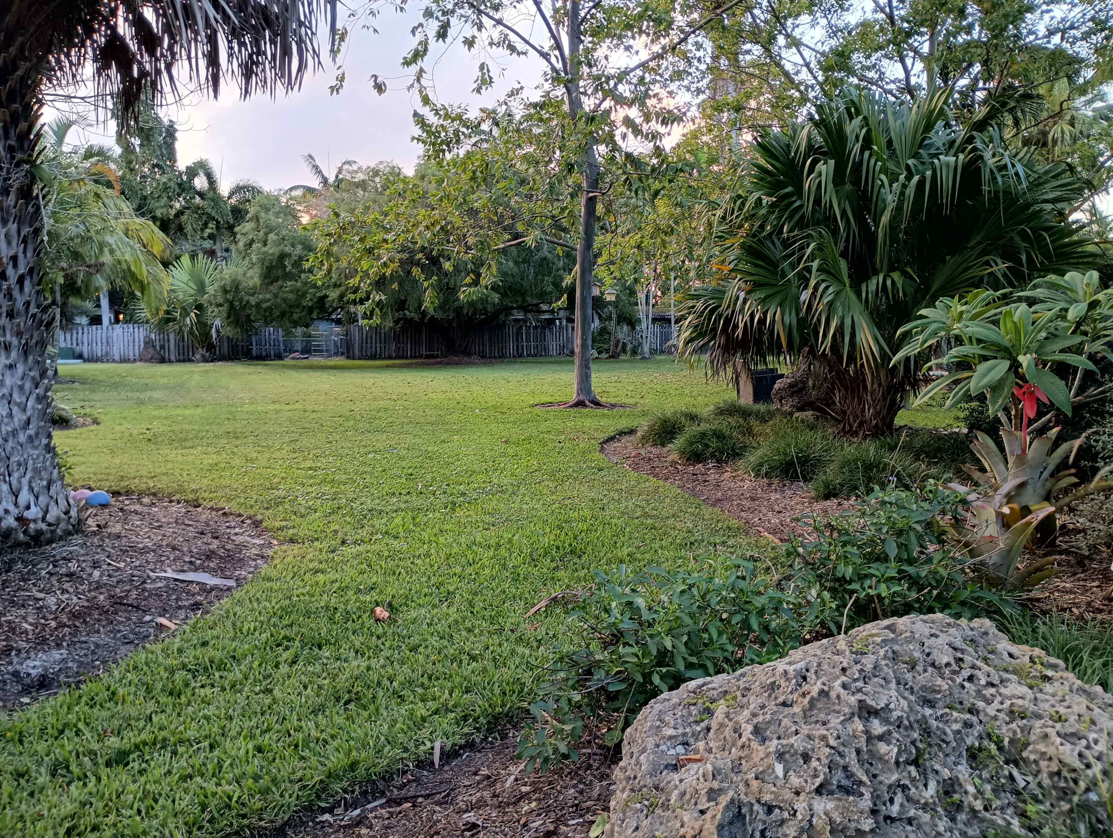 A grassy area is bordered by trees and ornamental plants, with a rocky formation in the foreground.