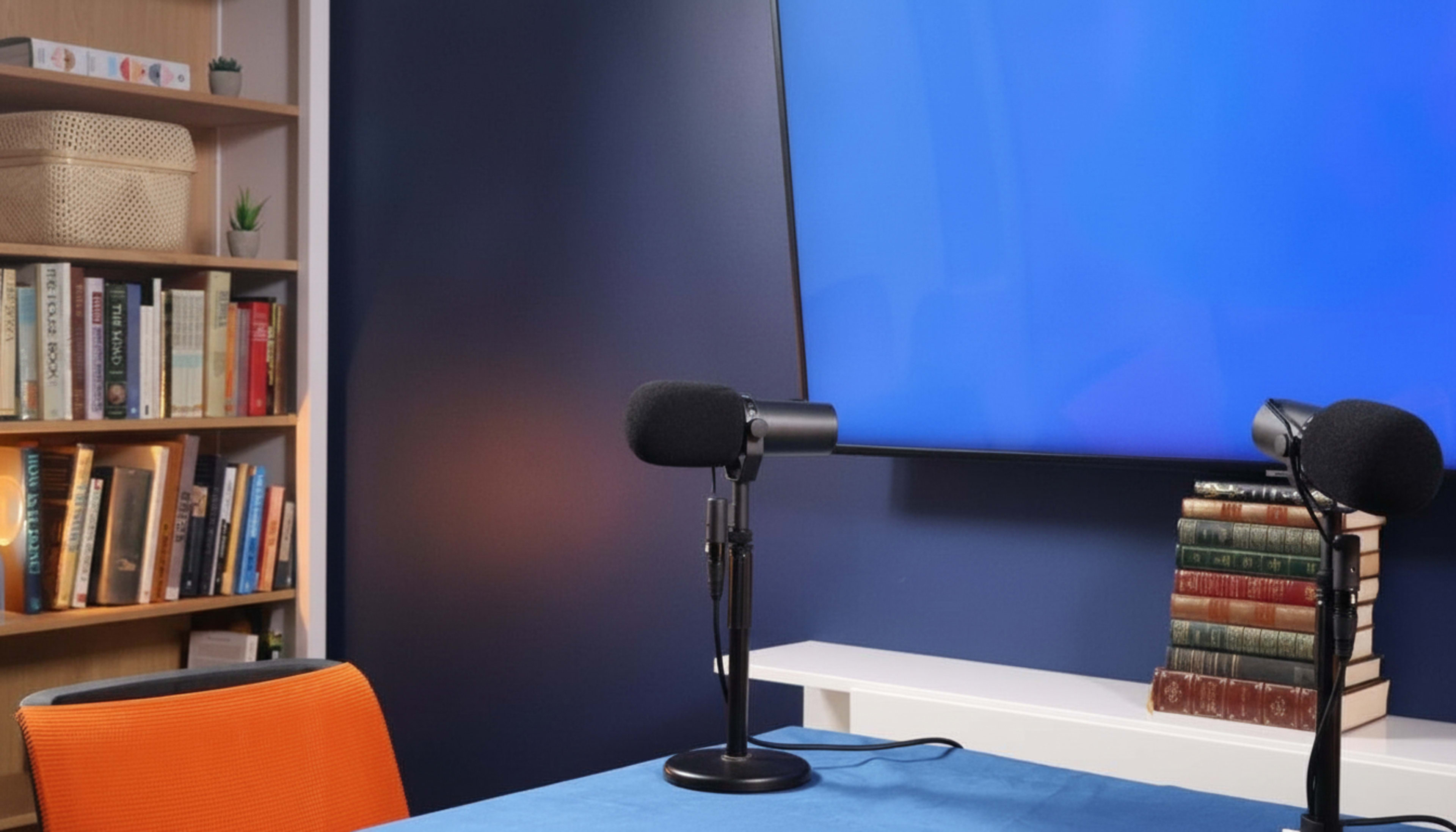 The image shows a recording setup with two microphones positioned on a table, a blue wall, a large screen, and a bookshelf filled with books.