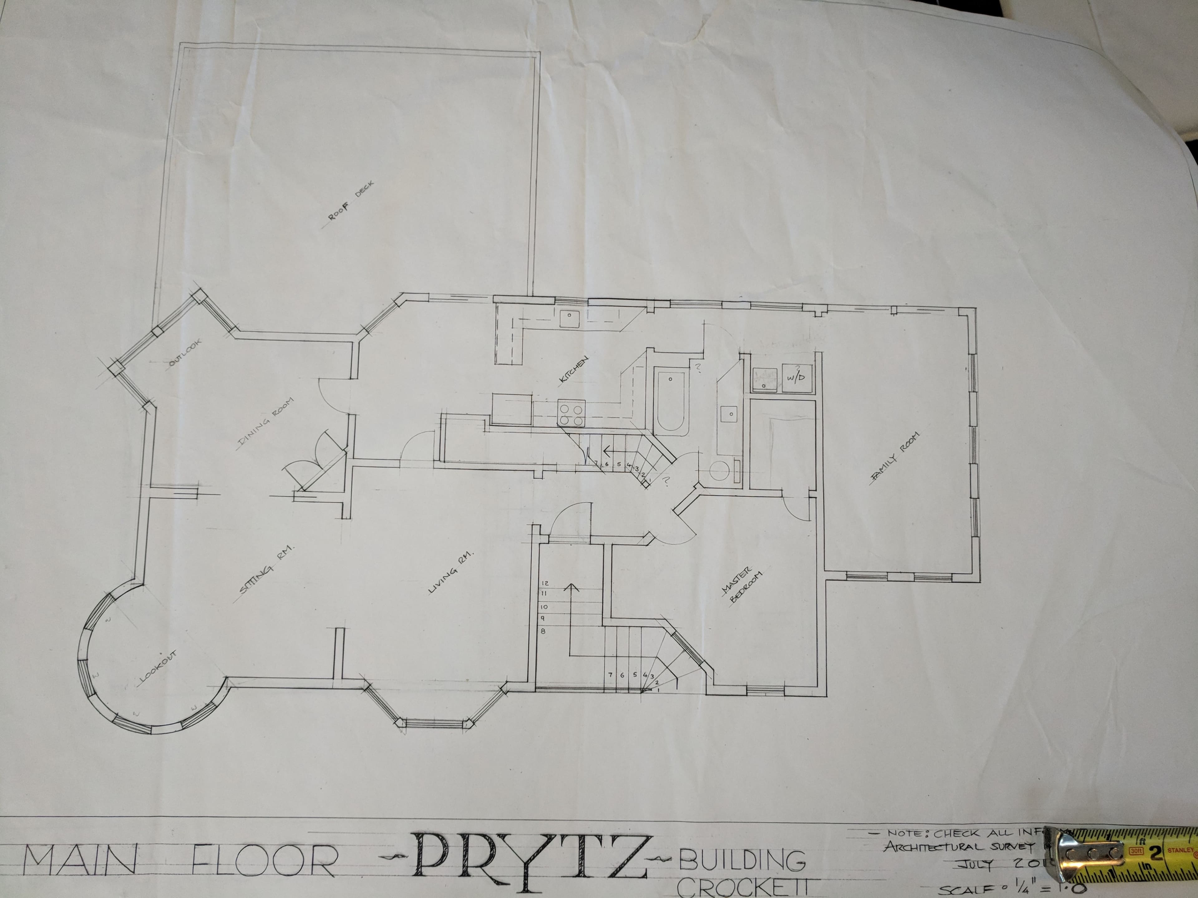 A blueprint layout of the main floor of a building, labeled "Prytz," with detailed room dimensions and placements.