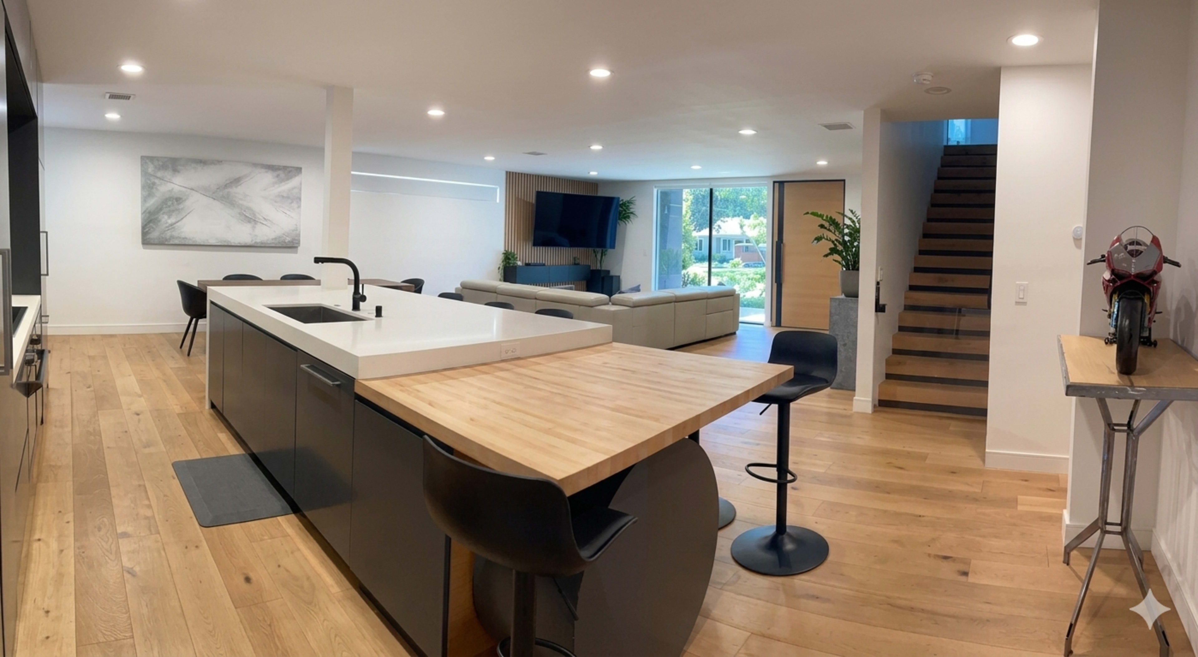The image shows a modern open-concept kitchen and living area featuring a large island with bar seating, a sitting area with a sectional sofa, and a staircase leading to an upper level.