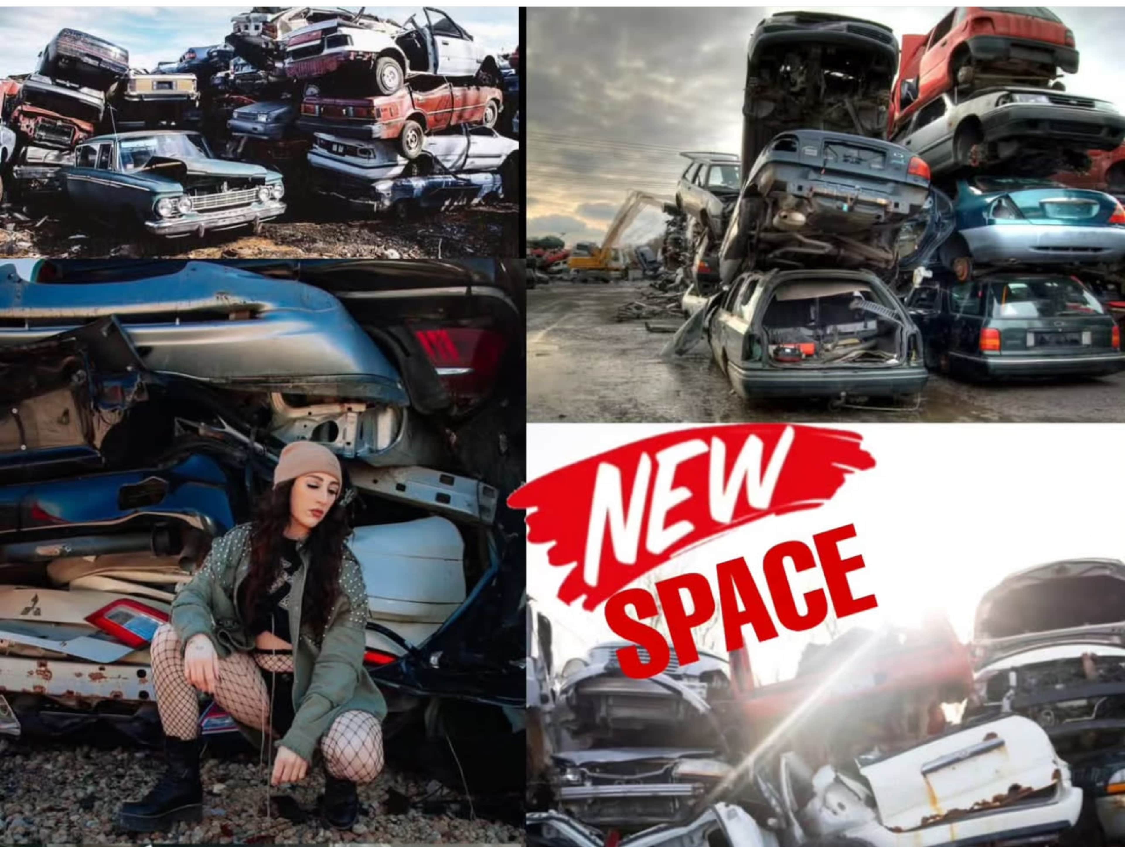 The image features a collage of scenes with stacked and abandoned cars in a junkyard, accompanied by a woman sitting among the vehicles and a text overlay that reads "NEW SPACE."