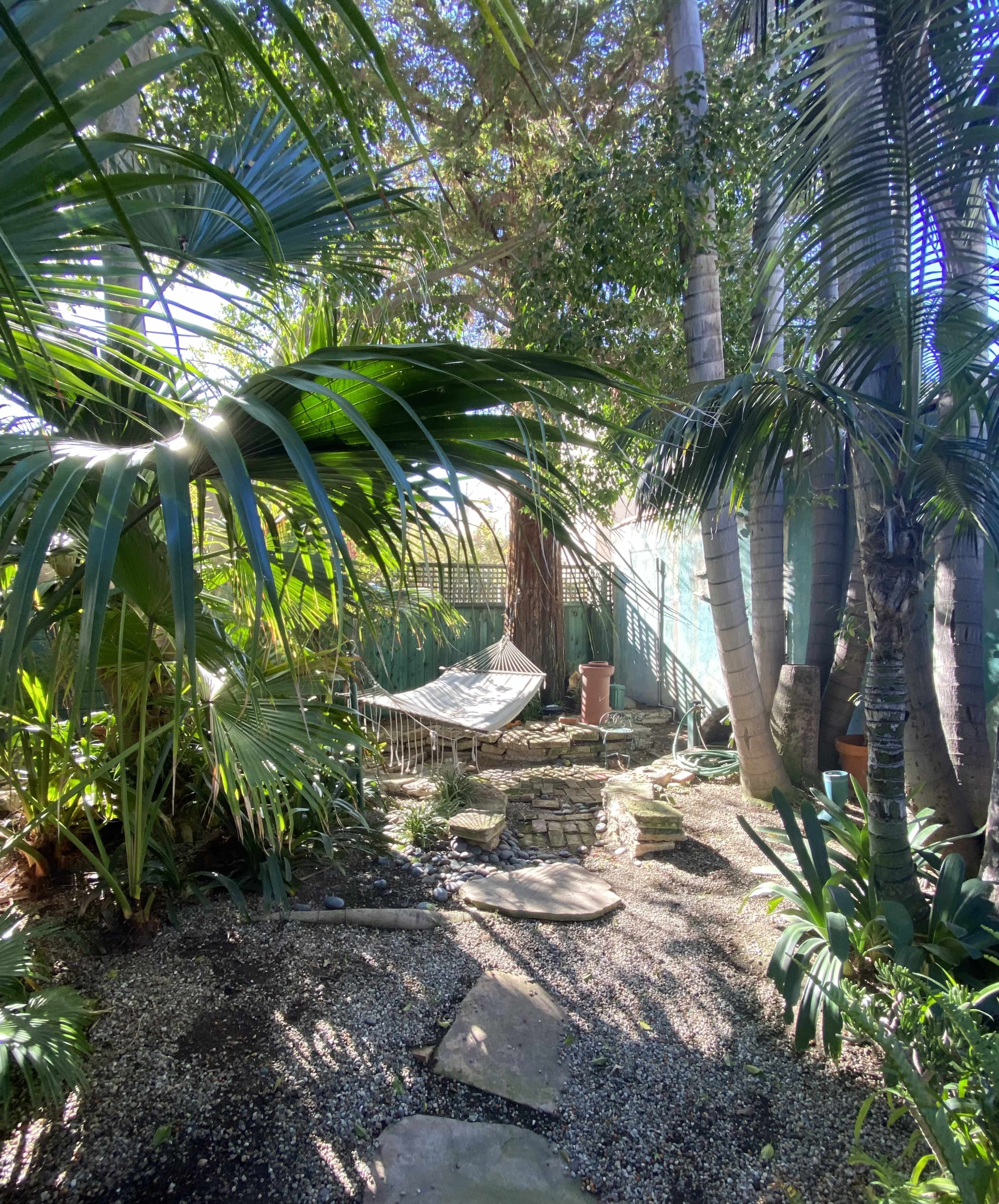 A garden featuring a hammock, stone pathway, and various tropical plants surrounded by tall palm trees.