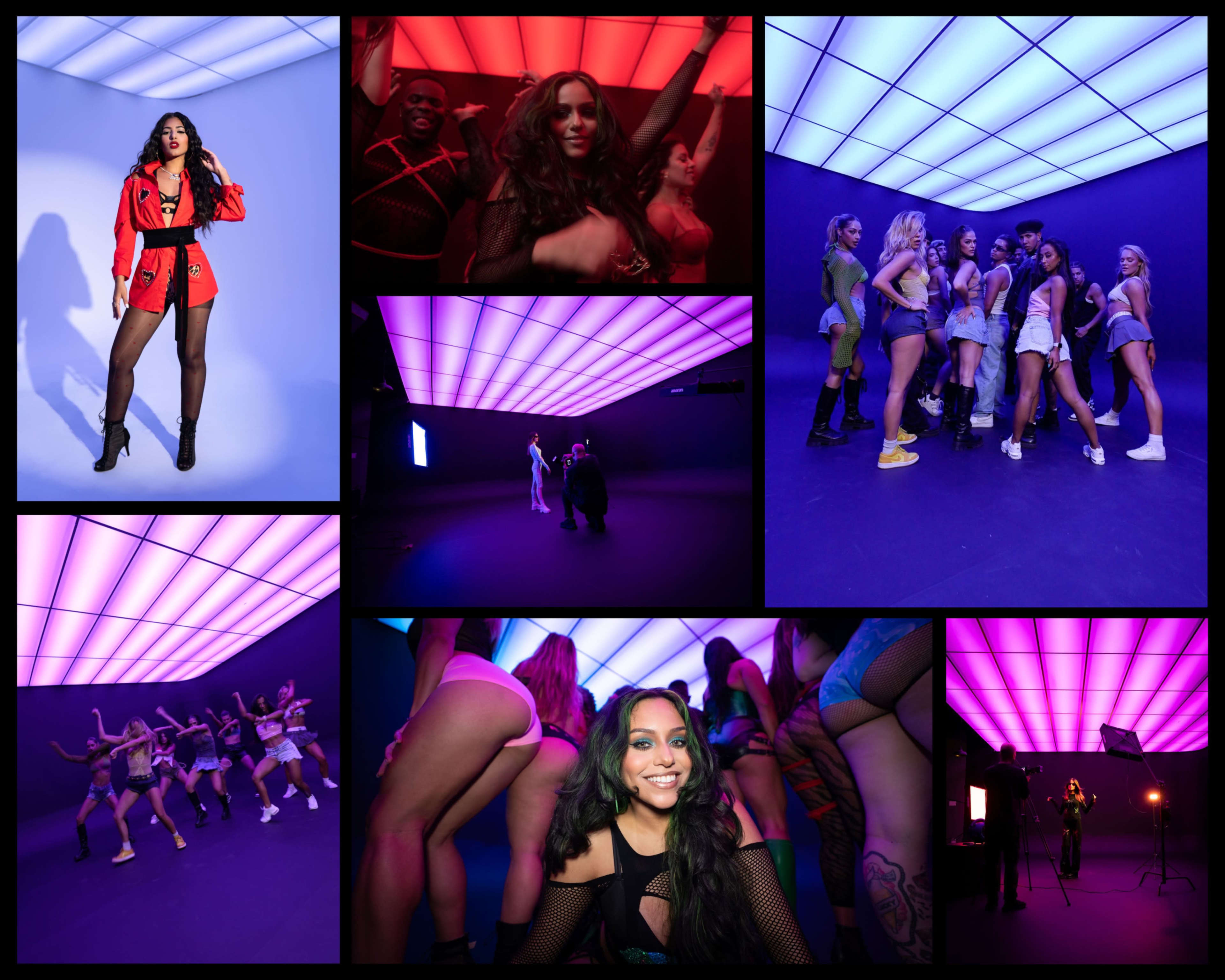 The image features a vibrant studio with a diverse group of dancers posing and performing under colorful LED lighting.