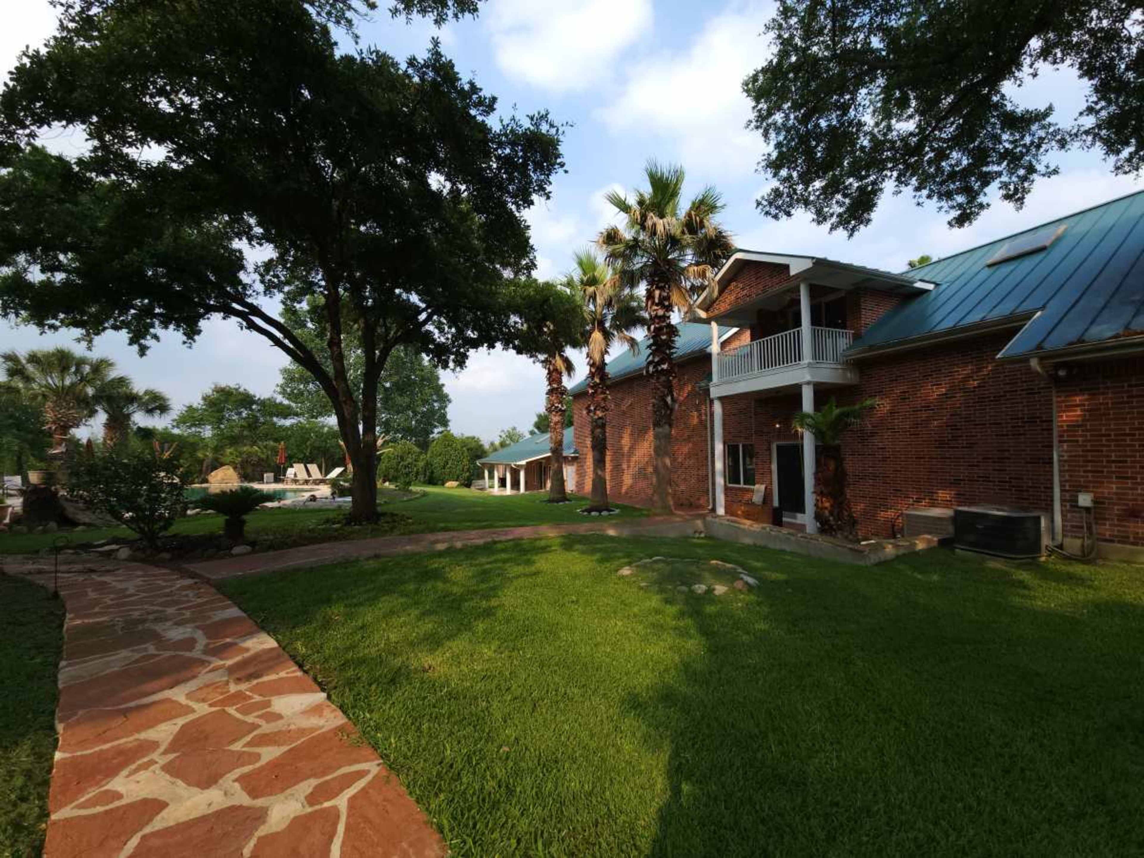 A brick house with a metal roof surrounded by palm trees and a well-maintained lawn, with a stone pathway leading towards the front entrance.