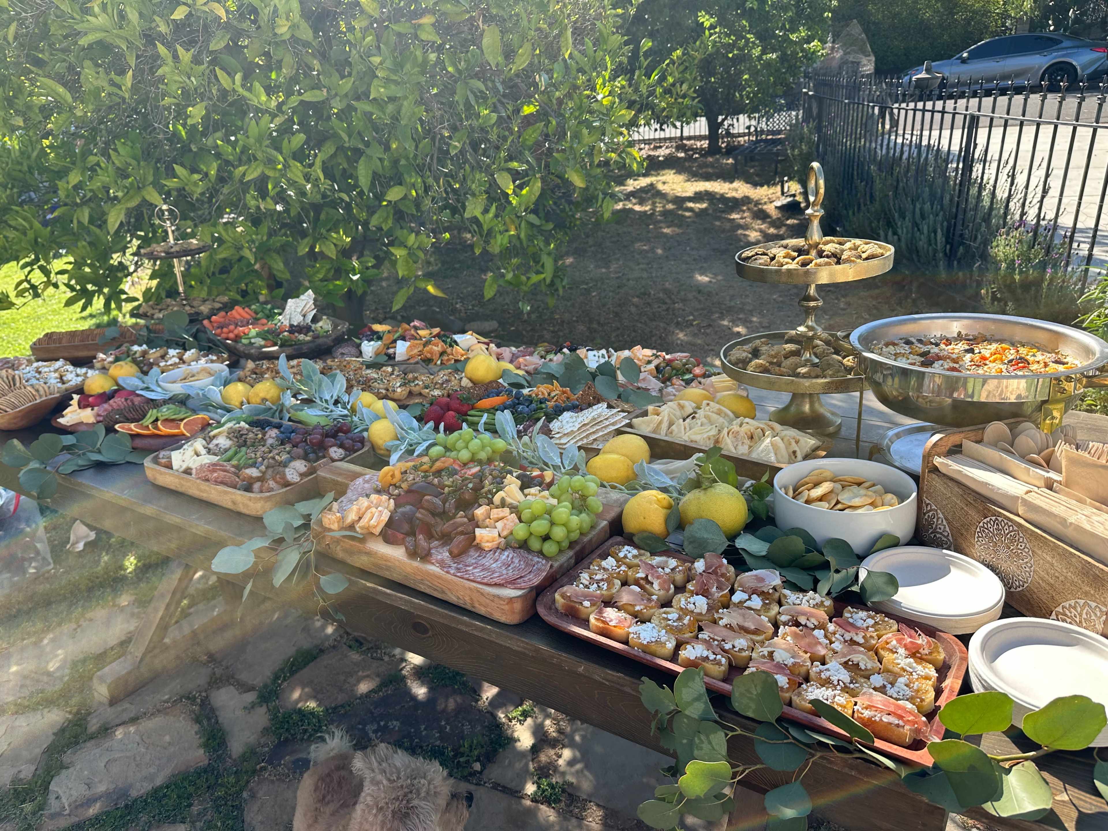 A large outdoor table is filled with a variety of food items, including fruits, cheeses, meats, and pastries, surrounded by greenery.