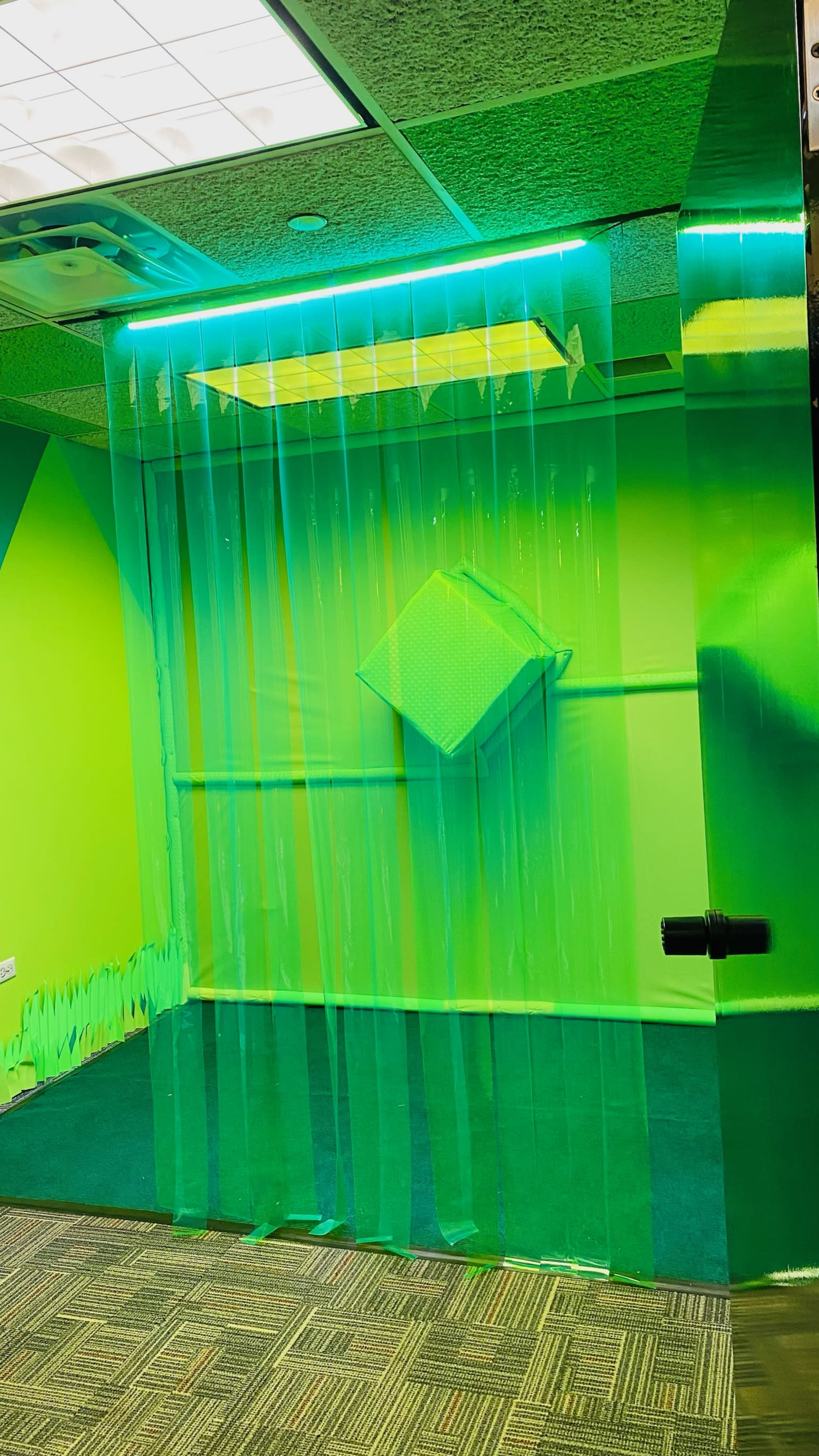 A bright green room with a clear plastic curtain and a green, diamond-shaped object on the wall.