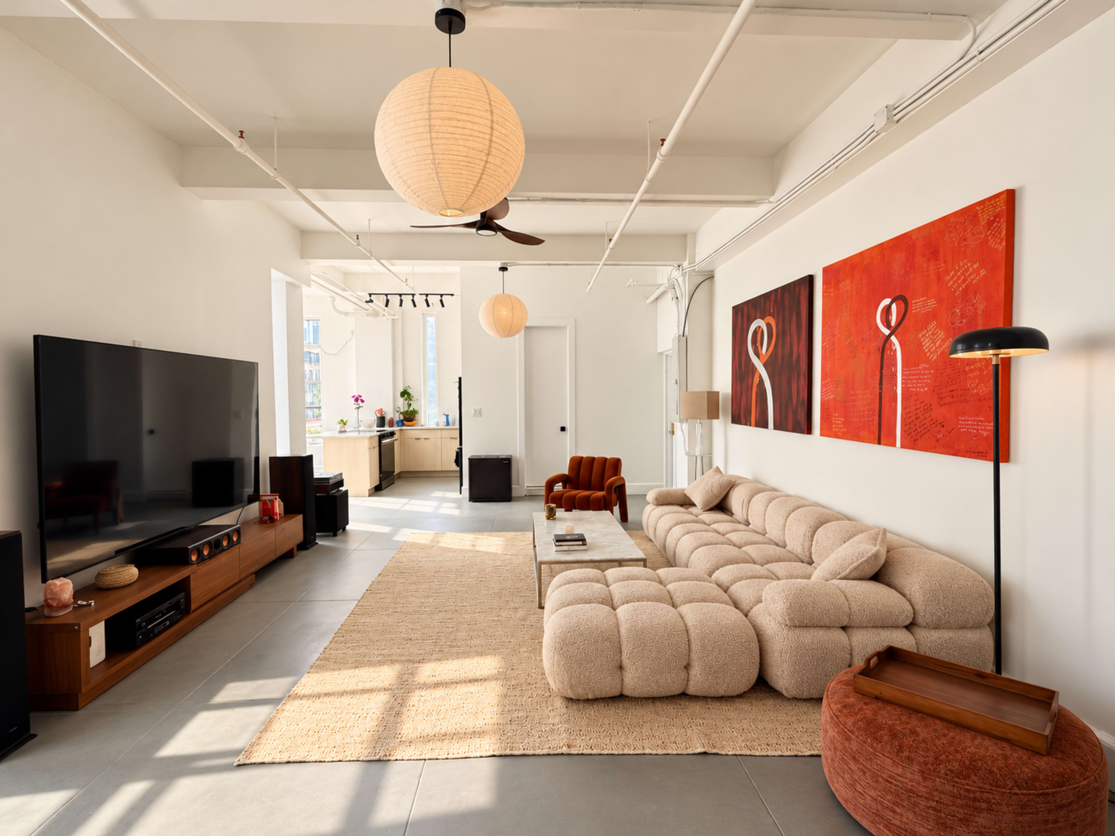 The image shows a contemporary living room featuring a large sectional sofa, a television unit, and abstract wall art, with natural light illuminating the space.