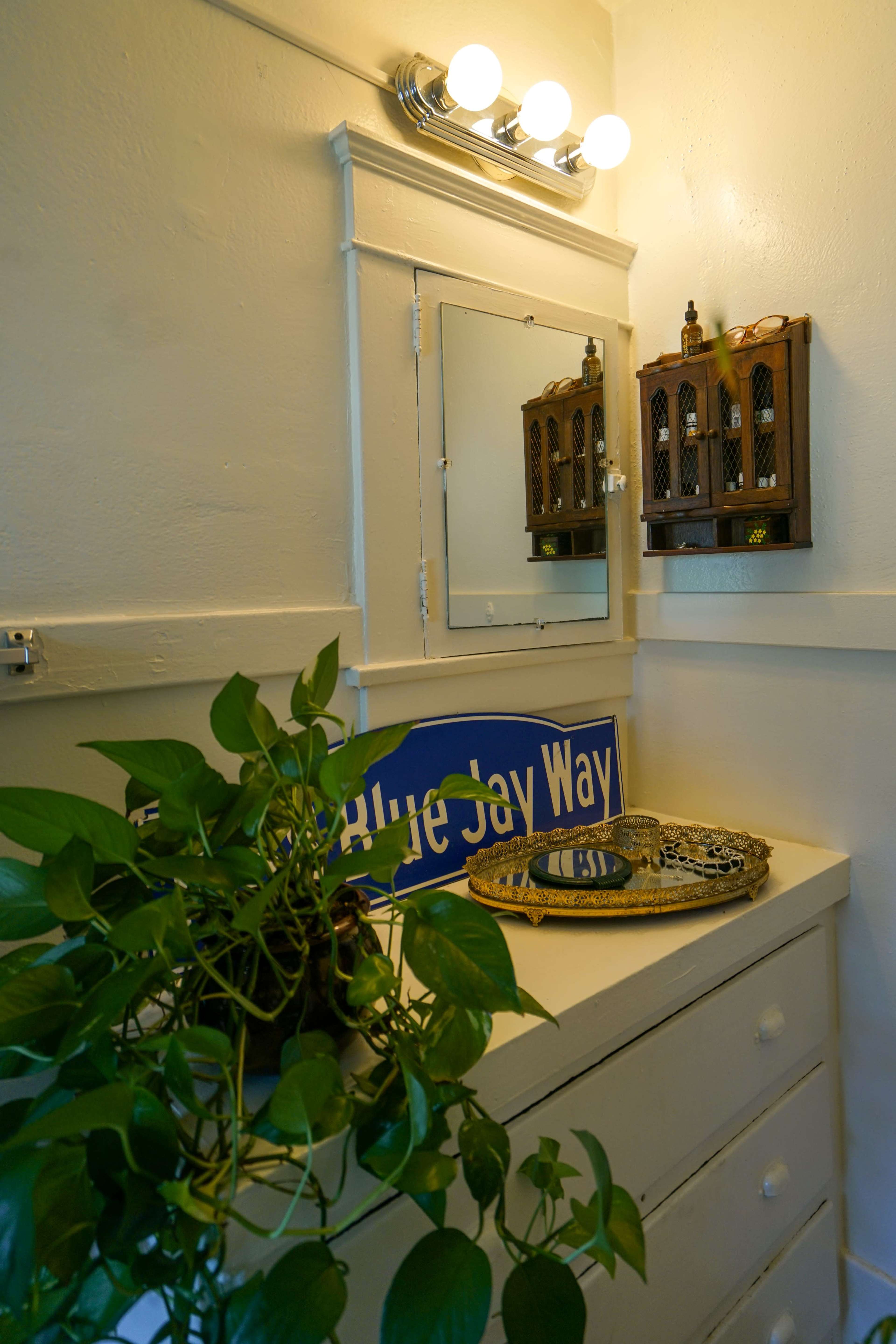 A small bathroom area featuring a mirror above a dresser, a wooden cabinet on the wall, and a potted plant in the foreground.