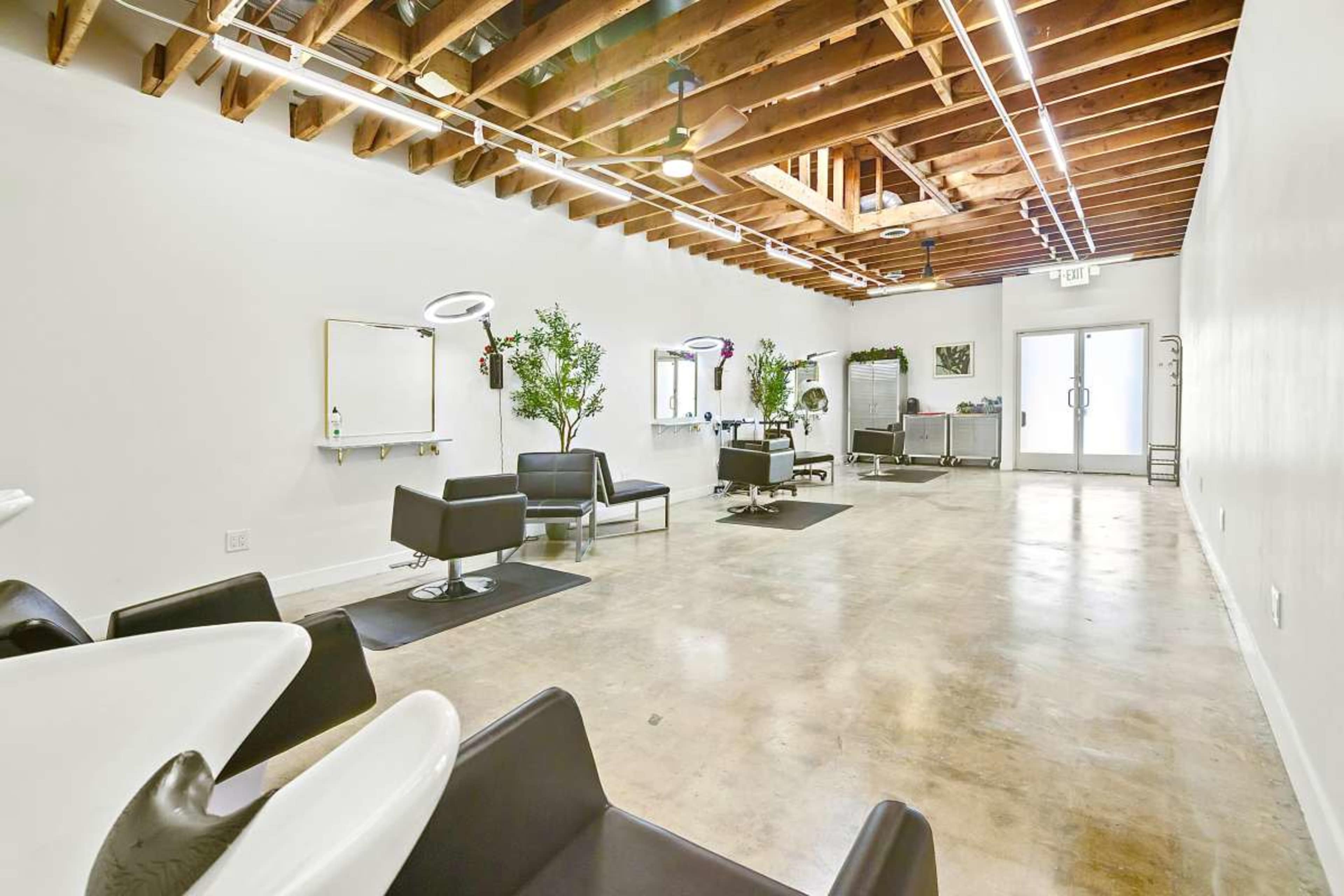 A spacious, well-lit interior of a hair salon features black seating, hair washing stations, and greenery against white walls.